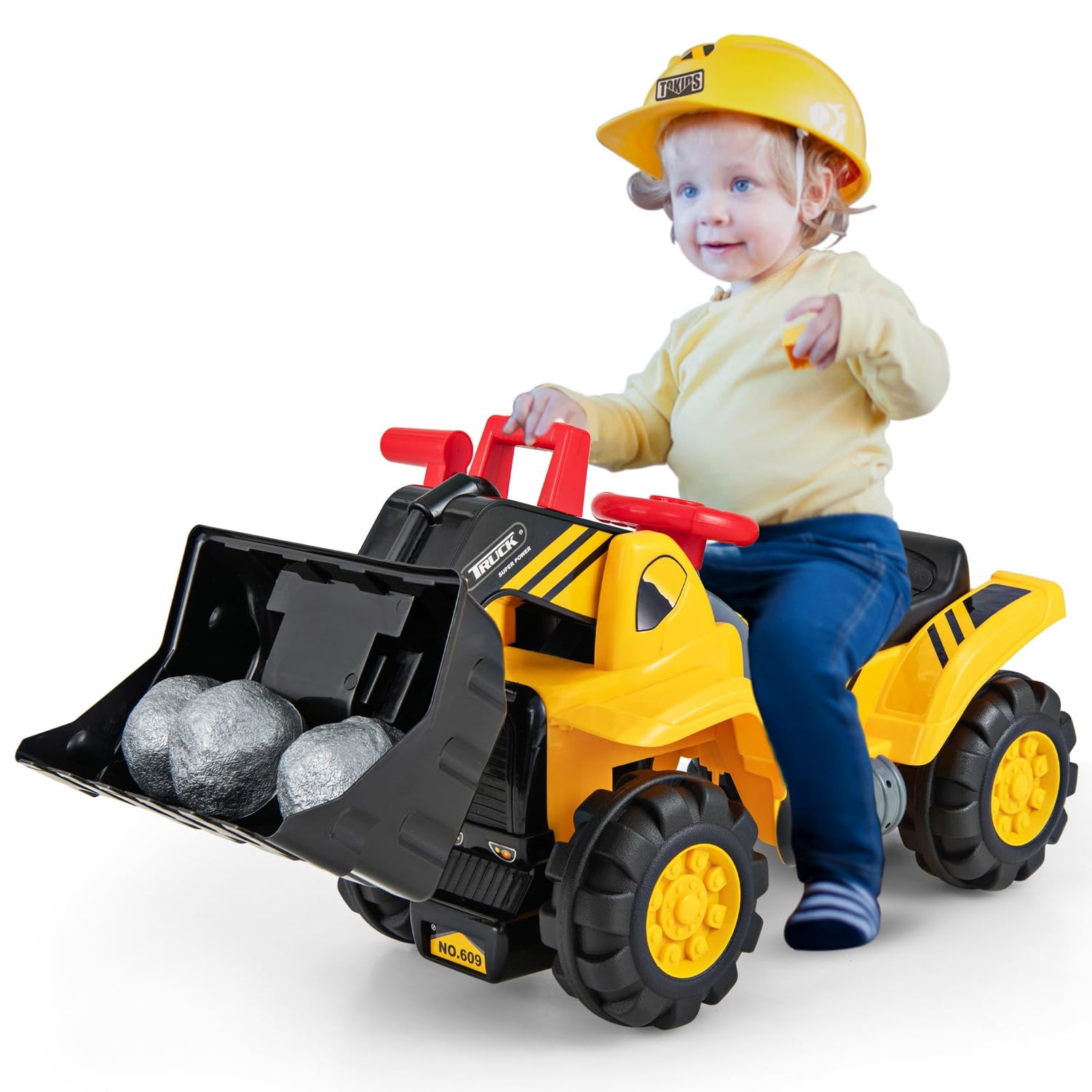 GYMAX Kids Ride on Bulldozer, Children Toy Excavator with Horn, Helmet, 3 Toy Stones and Underneath Storage