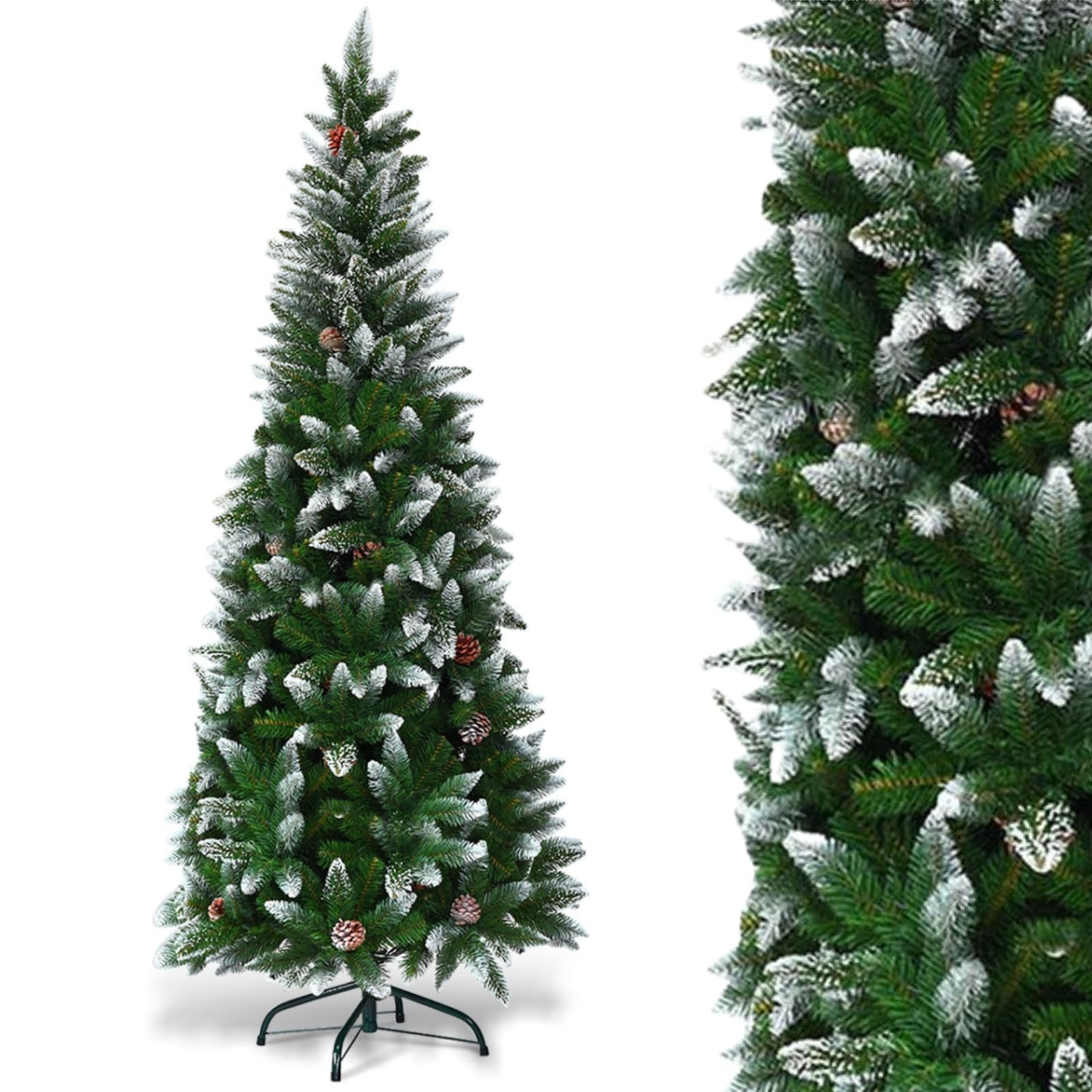 GYMAX Snow Flocked Pencil Christmas Tree with Pine Cones and Metal Stand