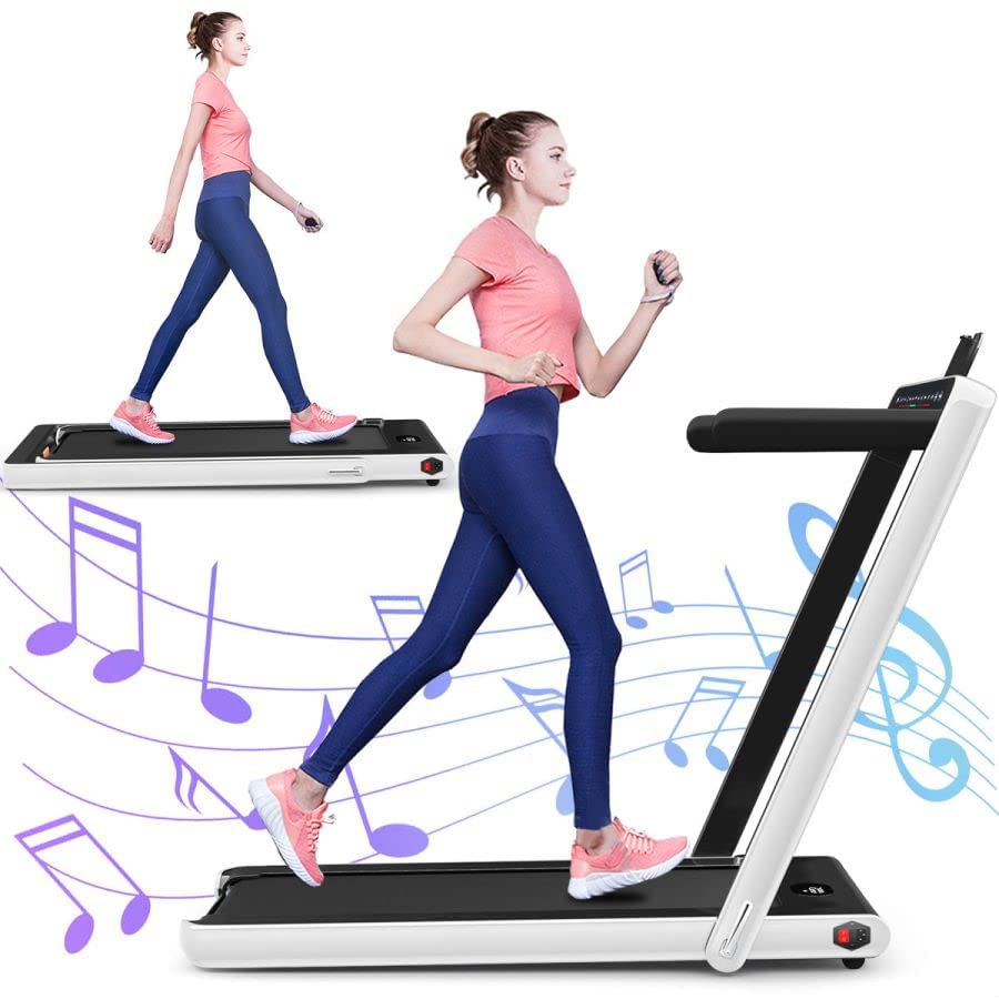 GYMAX Electric Treadmill, Folding Treadmills with Remote Control, Double Display & Bluetooth Speaker