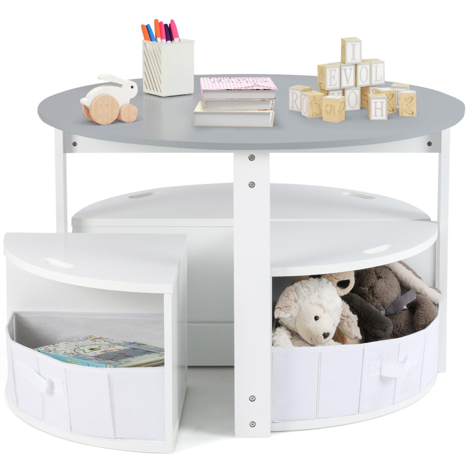 GYMAX Kids Table with 4 Chairs, Wooden Children Activity Desk with 4 Storage Stools