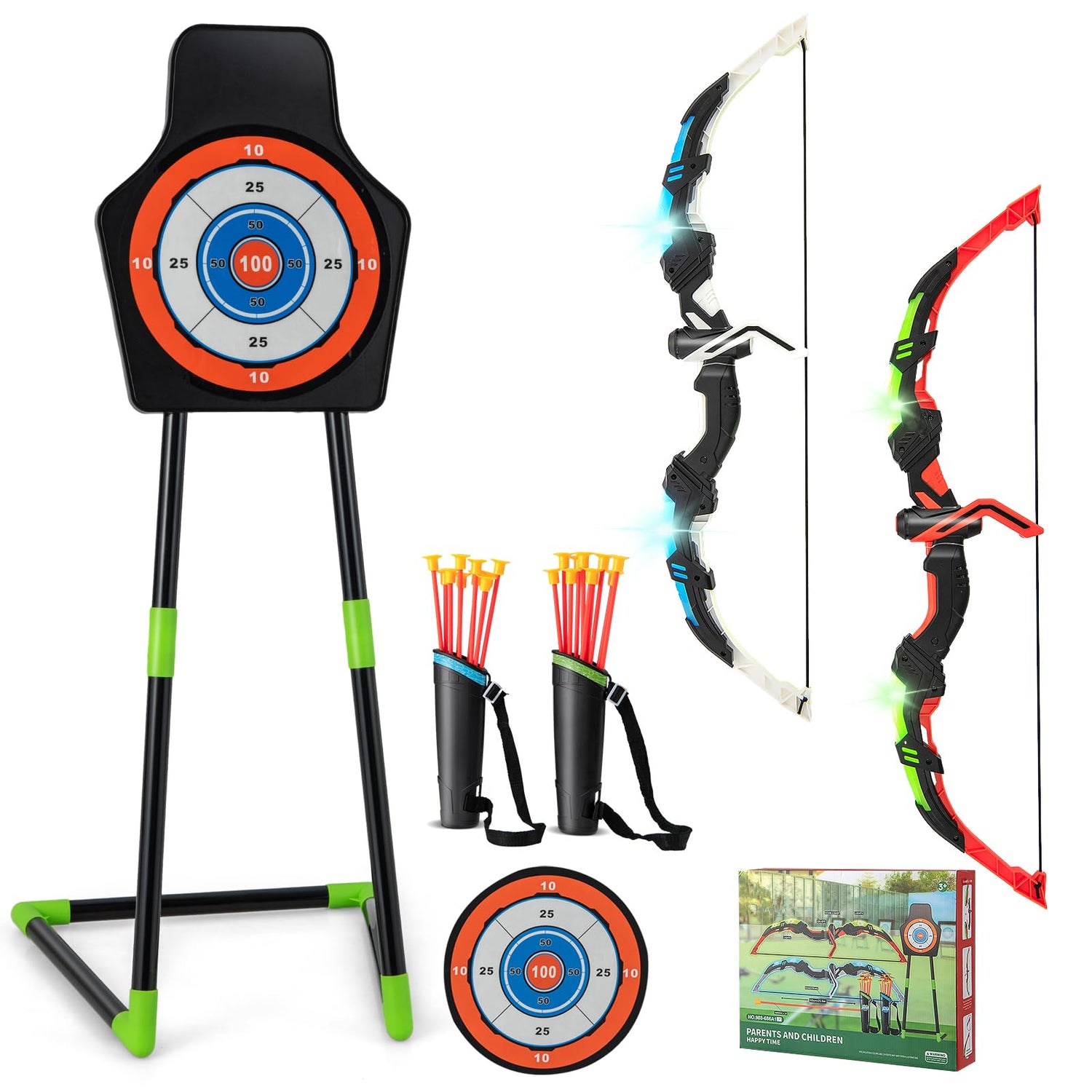 GYMAX 2 Pack Bow and Arrow Set for Kids, LED Light Up Archery Toy Set with 20 Suction Cup Arrows