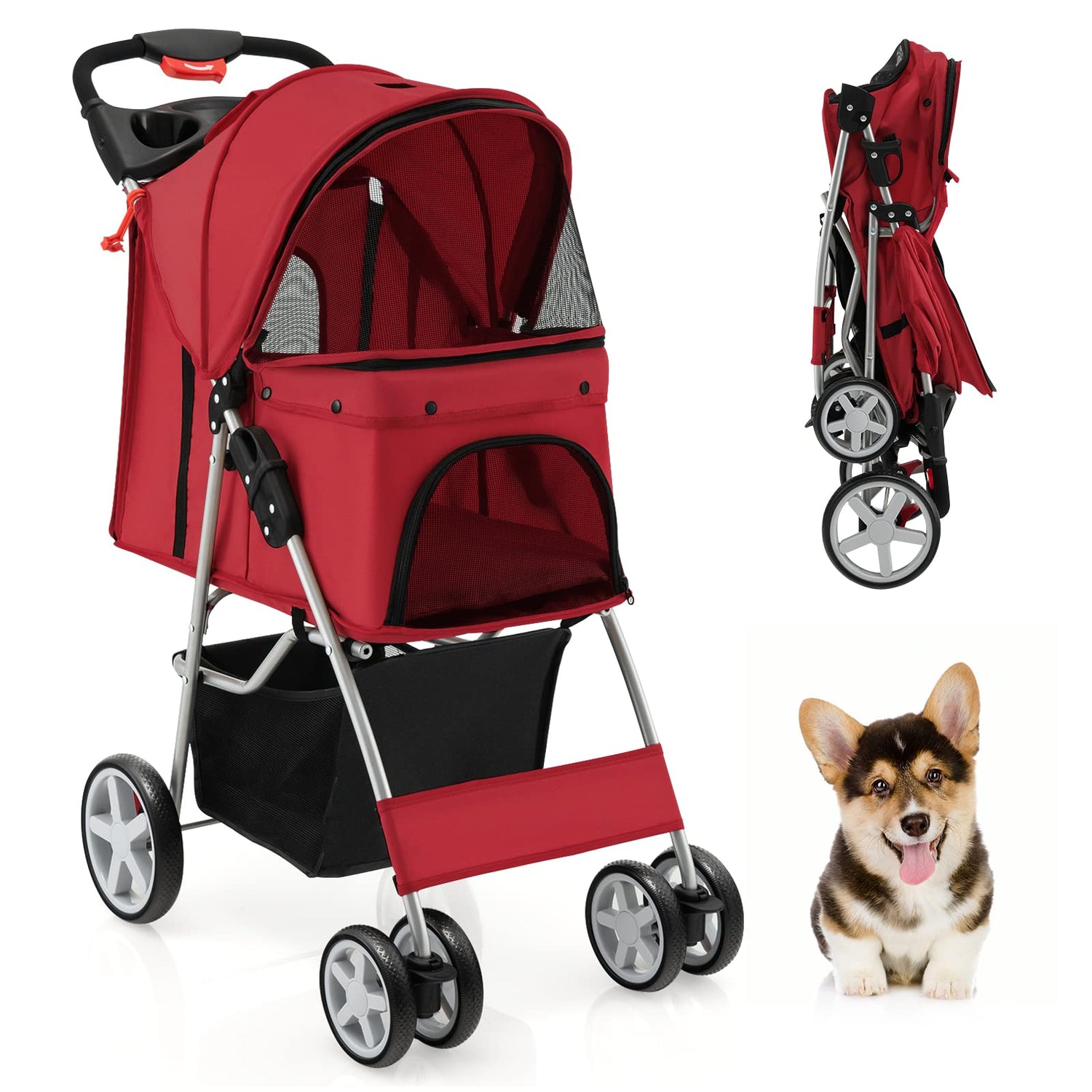 GYMAX Folding Pet Stroller, Portable Pet Travel Pushchair with 4 Wheels, Safety Belt