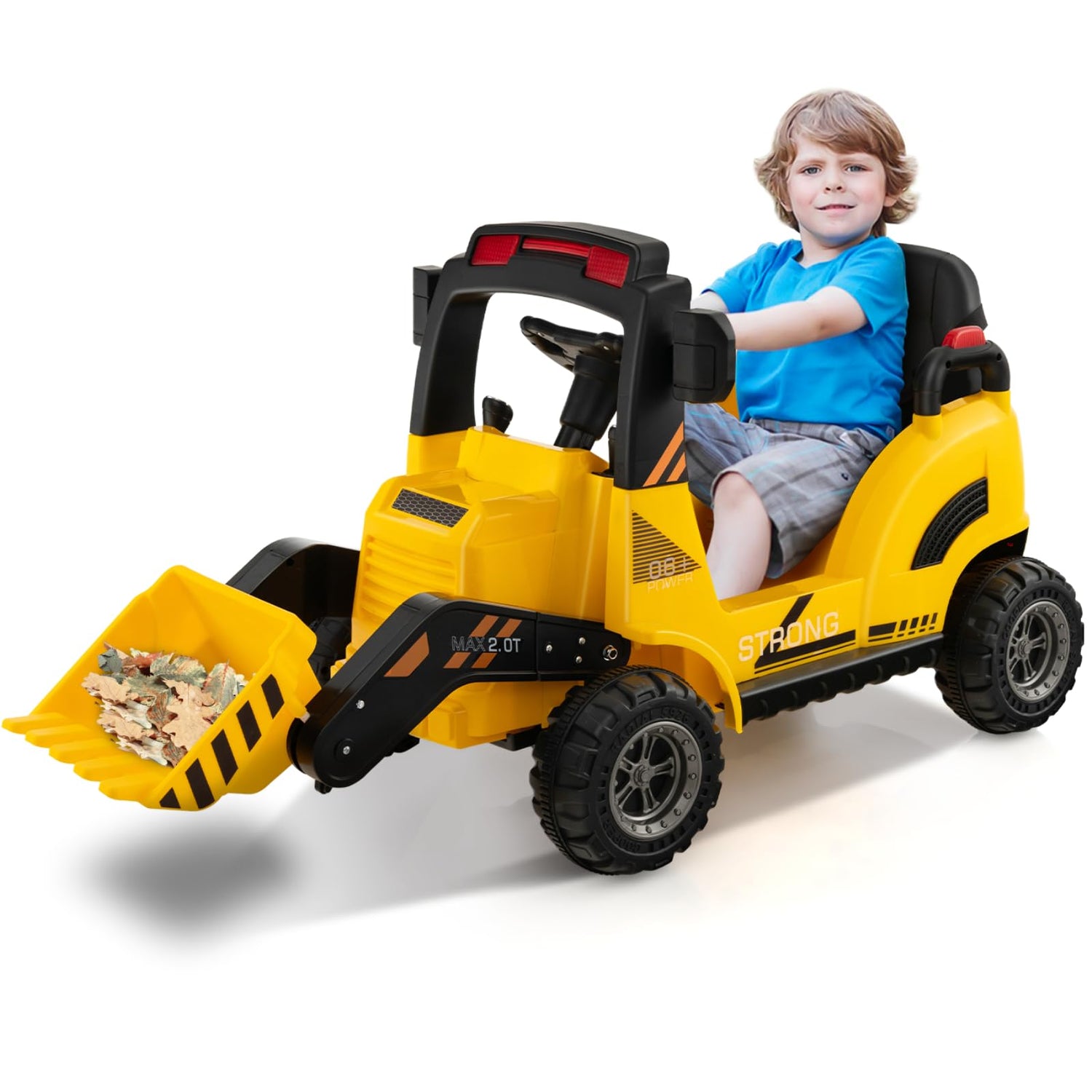 GYMAX Kids Ride on Excavator, 12V Battery Powered Toy Car with Adjustable Bucket