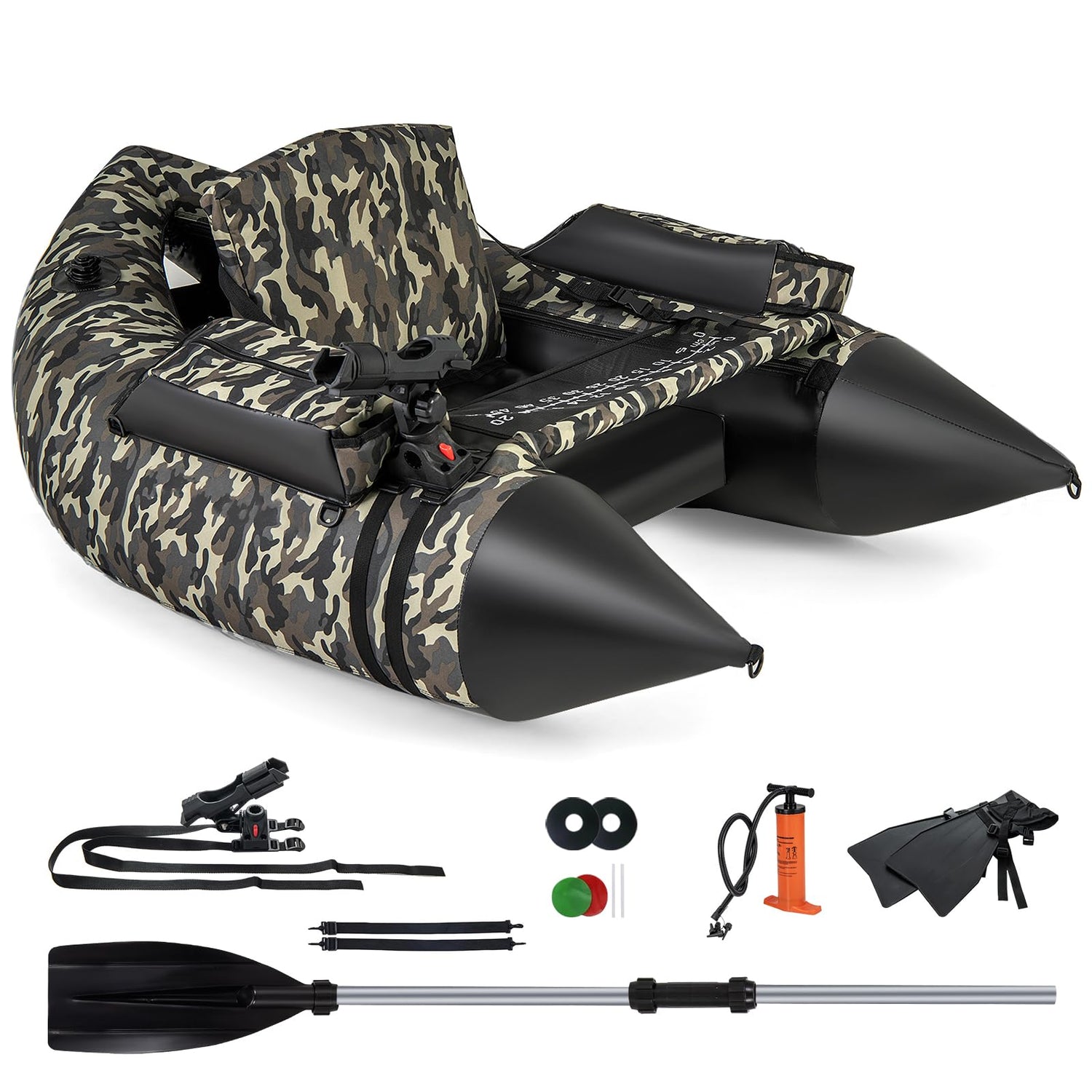 GYMAX Inflatable Fishing Float Tube, Fishing Boat with Adjustable Backpack Straps, Pump, Fish Ruler