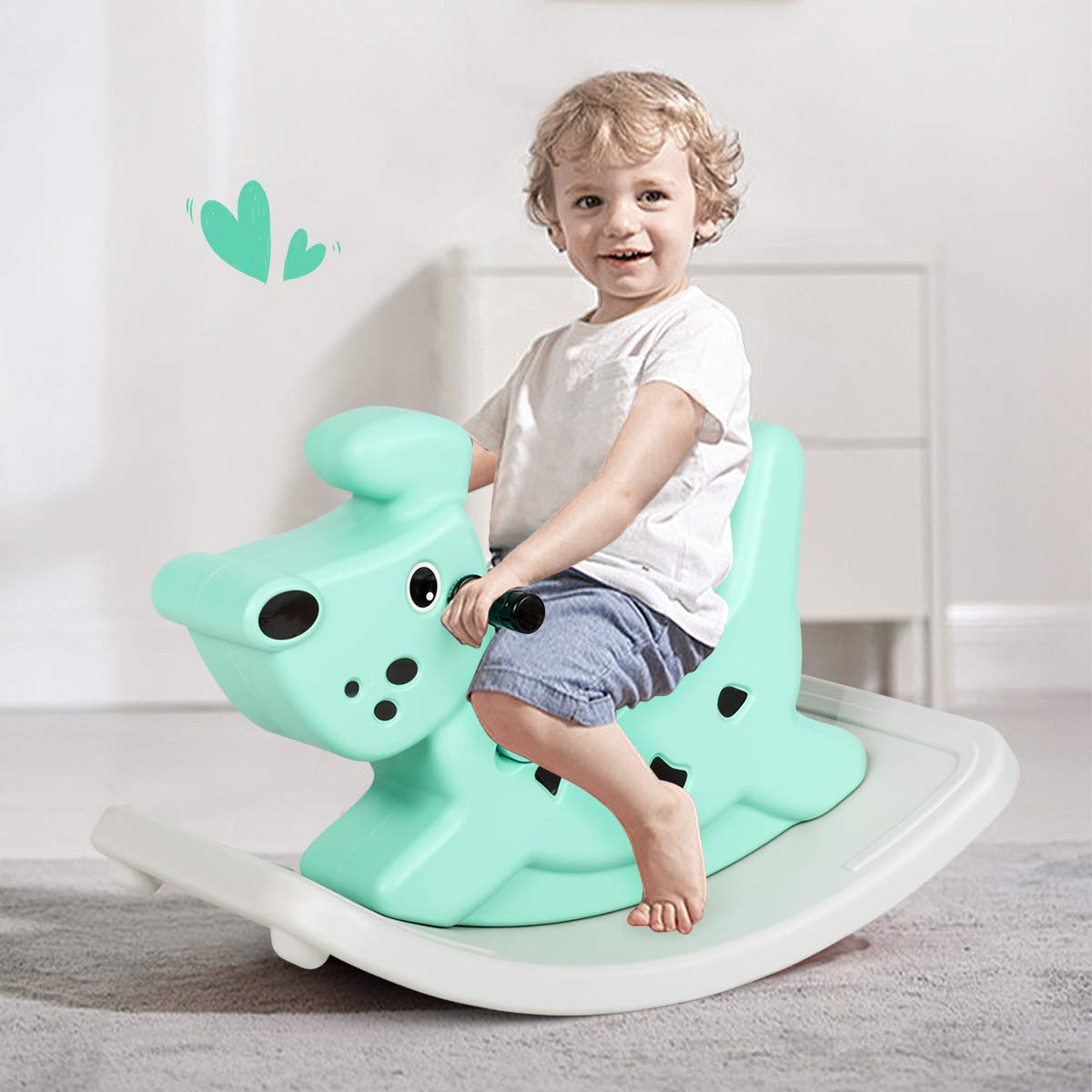 GYMAX Kids Rocking Horse, Toddler Rocker Toy with Widened Base and Flashing Music Box (Green)