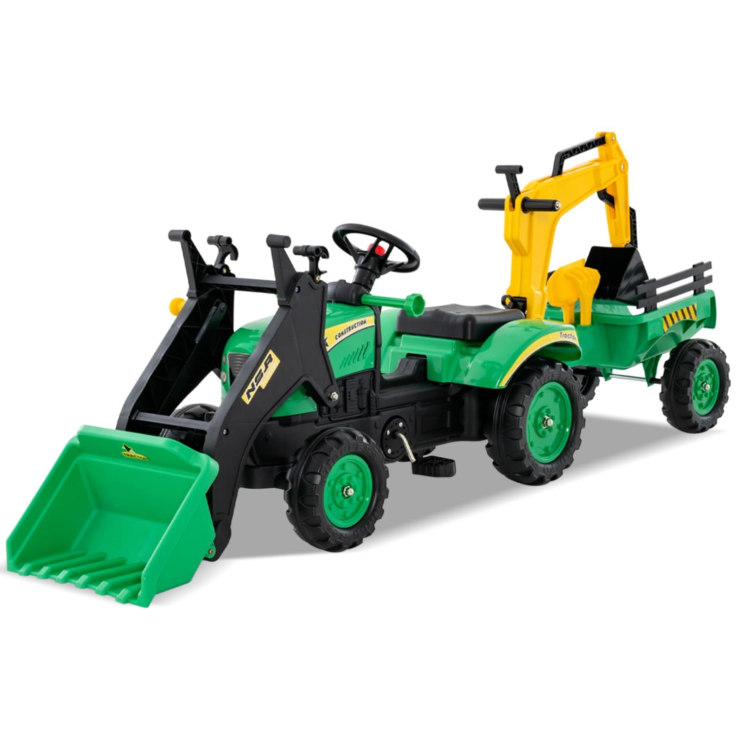 GYMAX Kids Ride On Excavator, 3 in 1 Children Pedal Tractor with Detachable Trailer
