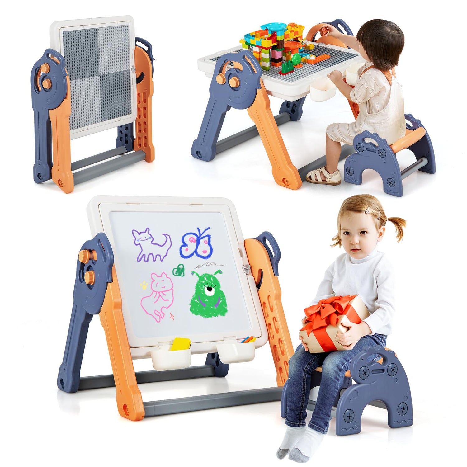 6 in 1 Foldable Toddler Activity Table and Chair Set with Reversible Tabletop