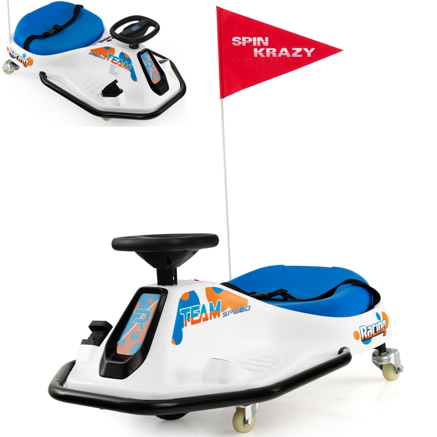 GYMAX 24V Kids Ride On Car, Electric Go Kart with 360° Spin Wheels, Wireless Connection, USB, Radio, Music