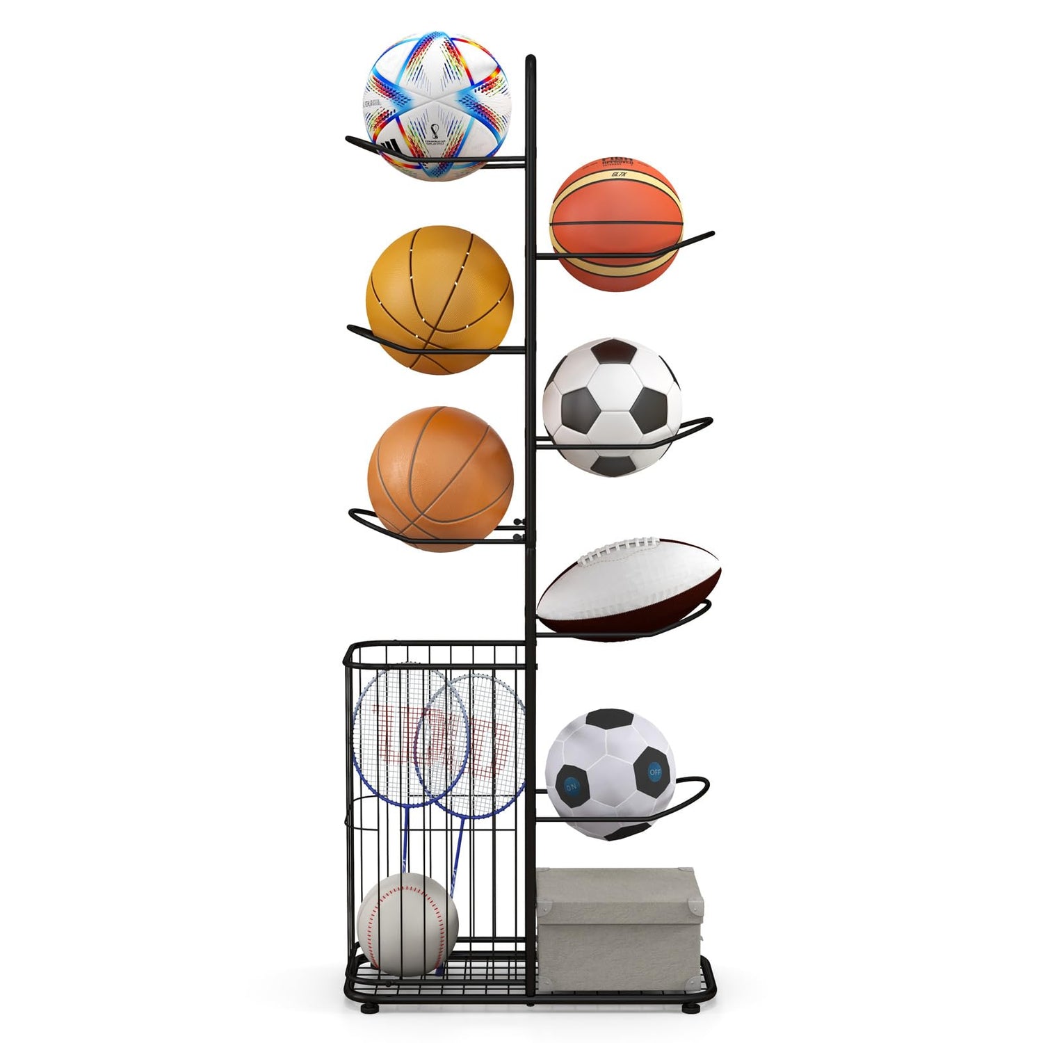 GYMAX Sports Equipment Organizer Display Rack with Basket and 7-Tier Detachable Stand
