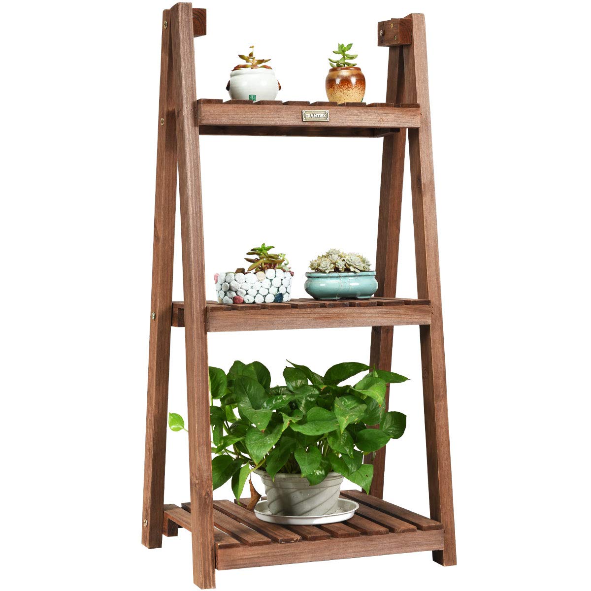 GYMAX Folding Plant Ladder Display Stand with Hollow-out Shelf