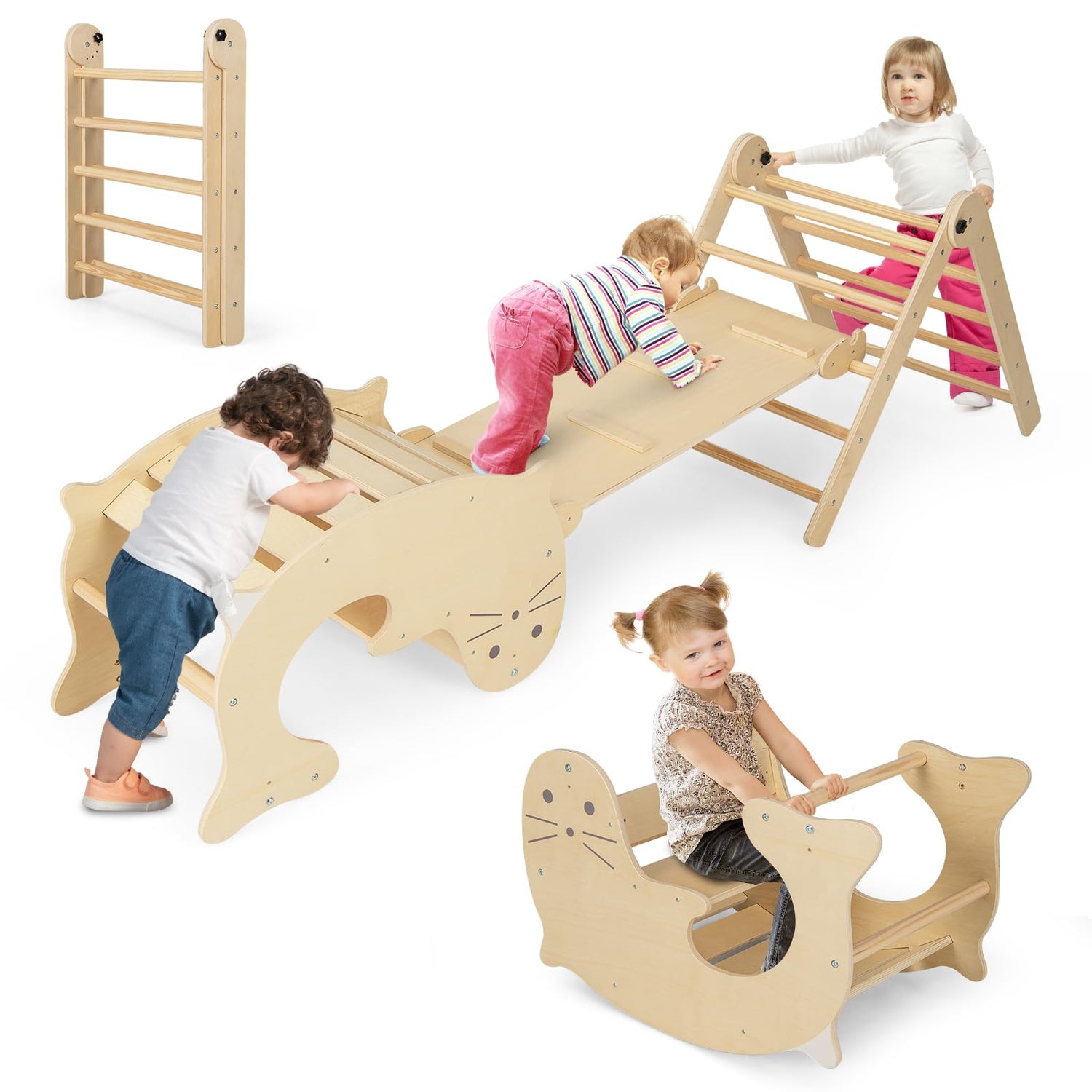 GYMAX 7 in 1 Kids Climbing Set, Foldable Wooden Toddler Climber with Reversible Ramp & Sea Lion Rocker