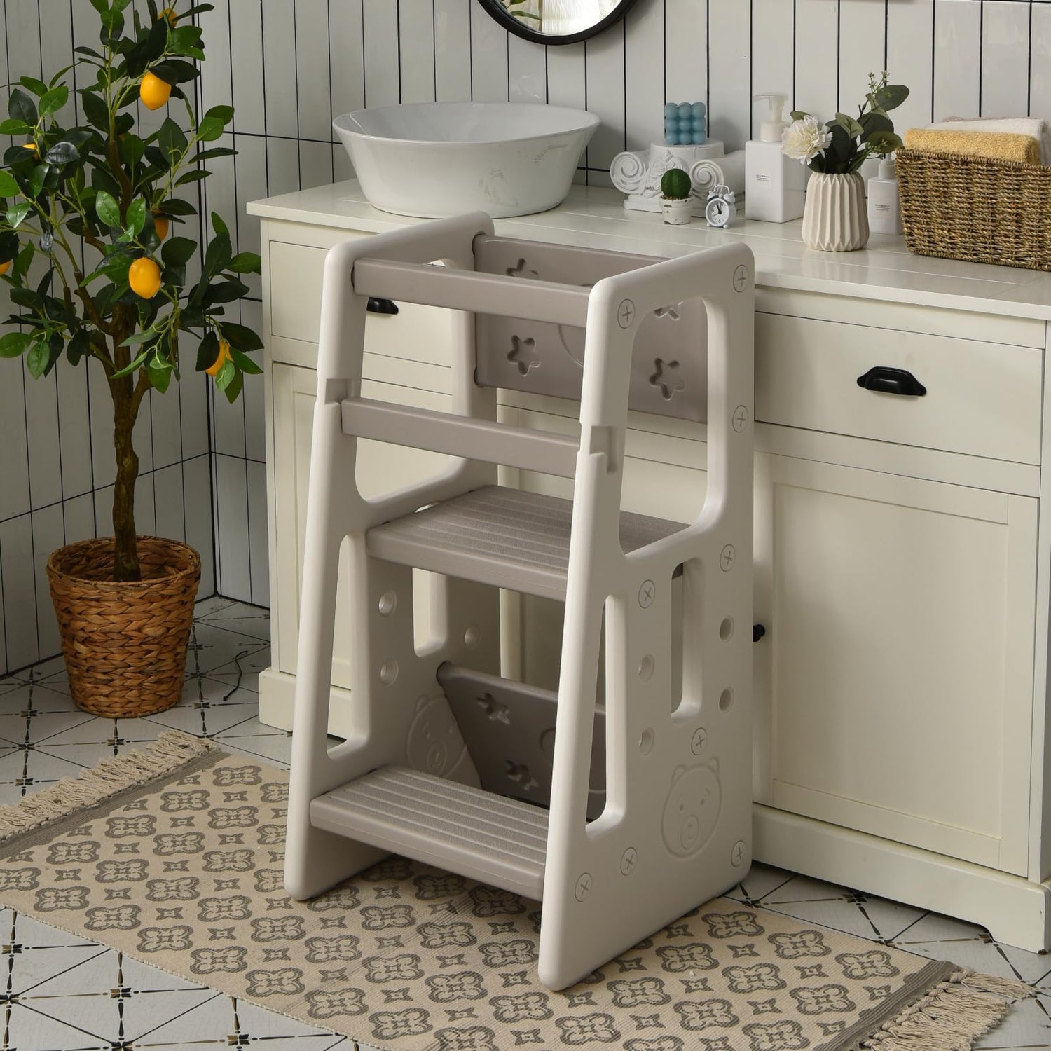 GYMAX Step Stool for Kids Kitchen Helper Stand with Double Safety Rails