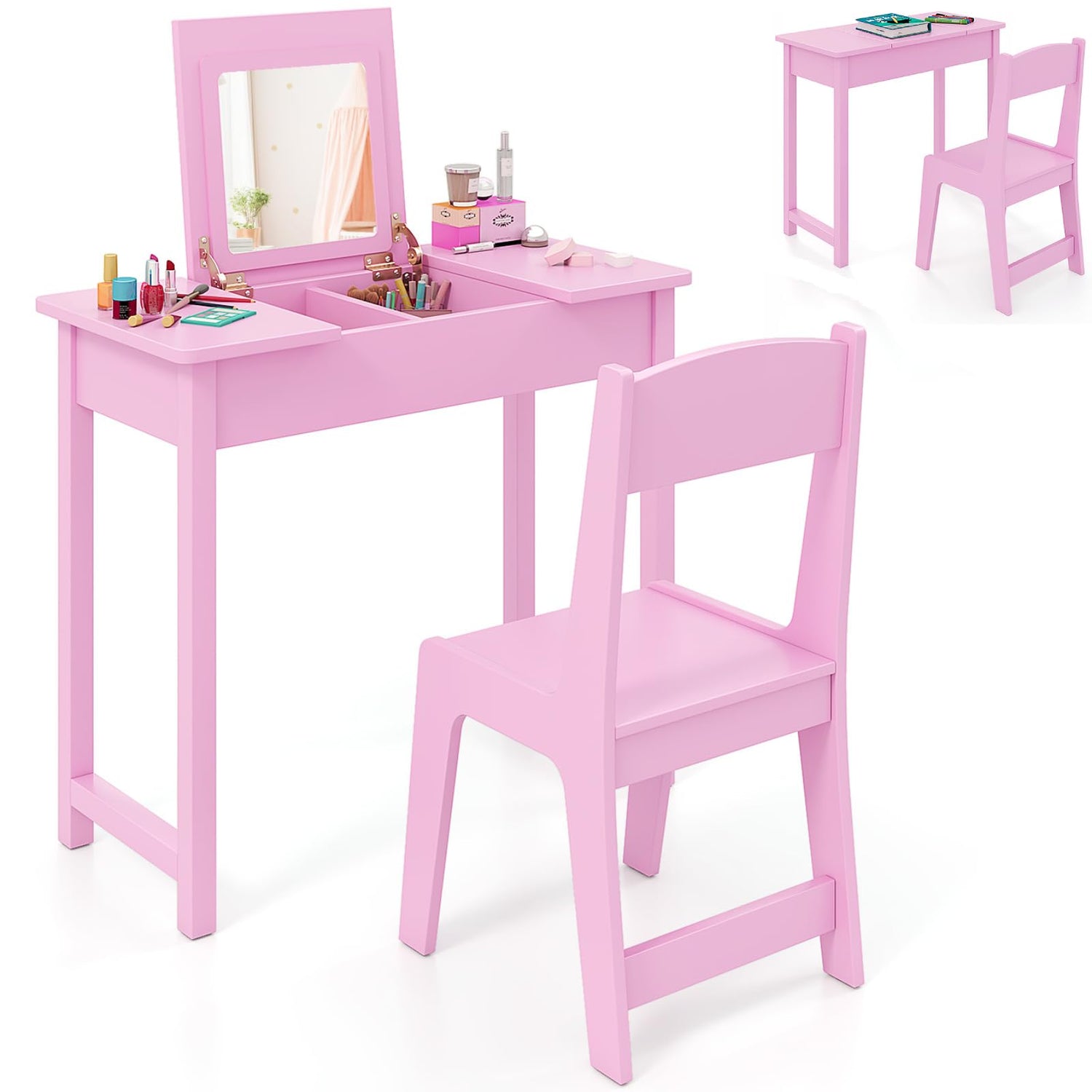 GYMAX 2 in 1 Children Makeup Desk with Flip Top Mirror