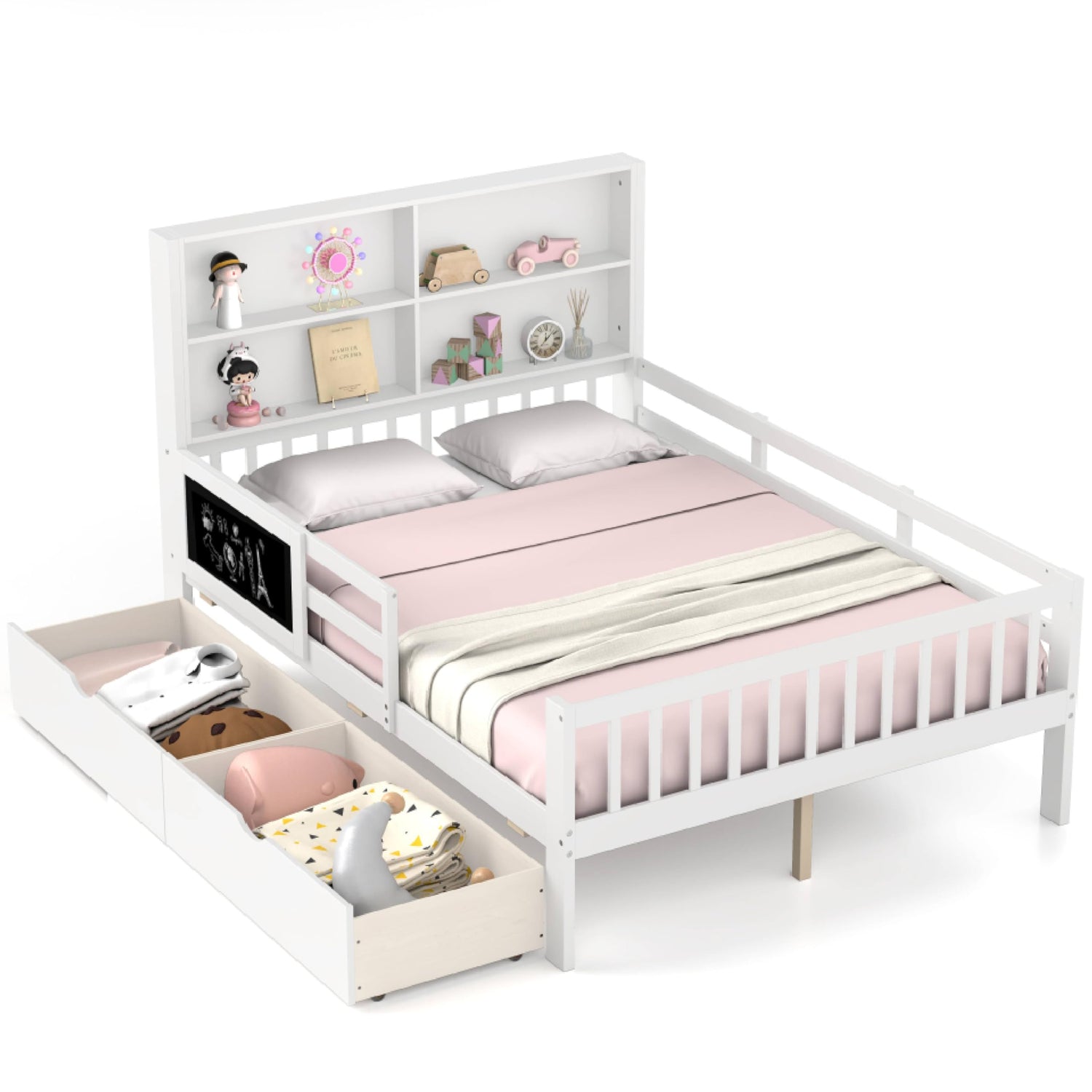 GYMAX Wooden Kids Floor Bed with Guardrails