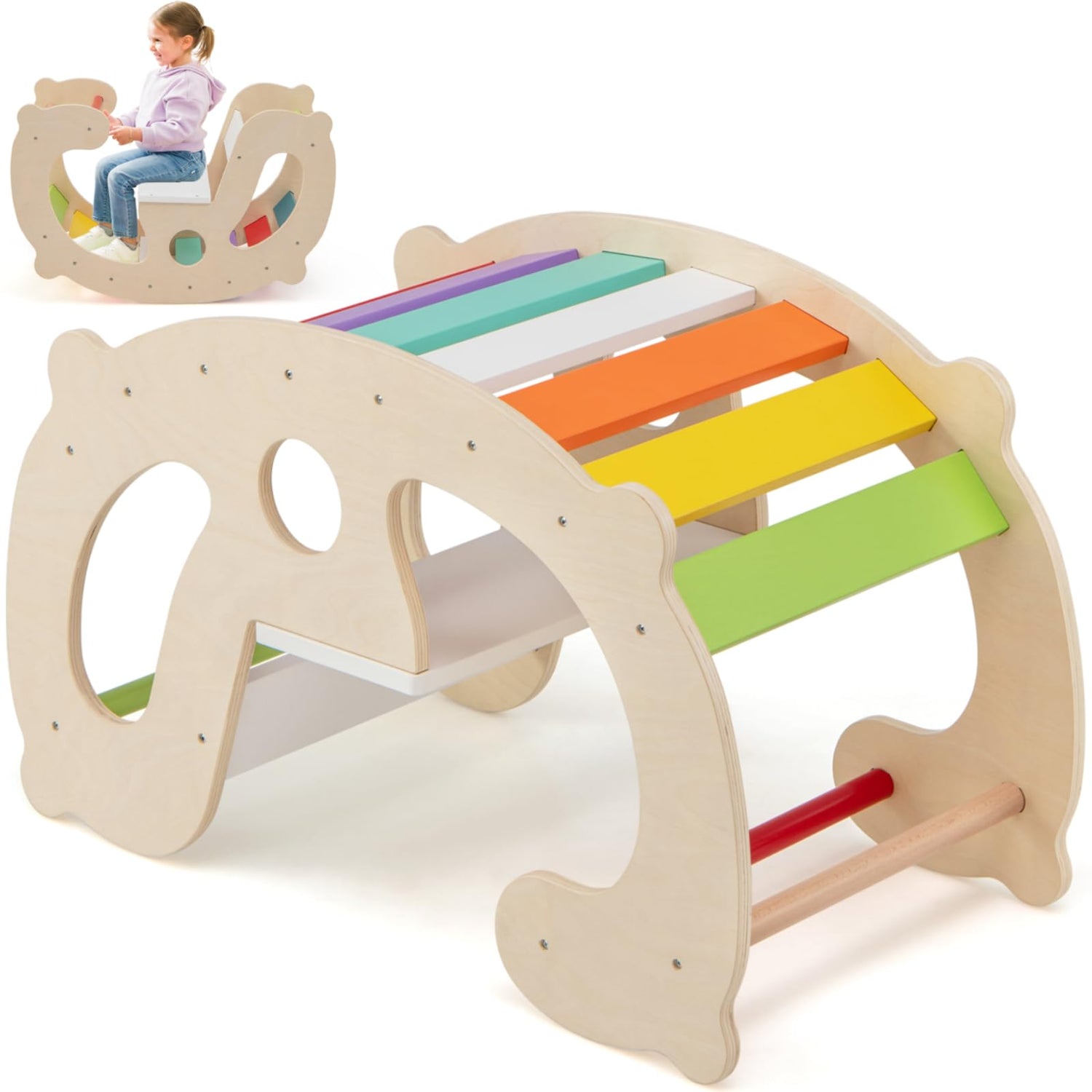 GYMAX Kids Climbing Frame, Toddler Rocking Horse with Backrest & Seat, Indoor Wooden Arch Climber for 1+ Years Old Boys Girls