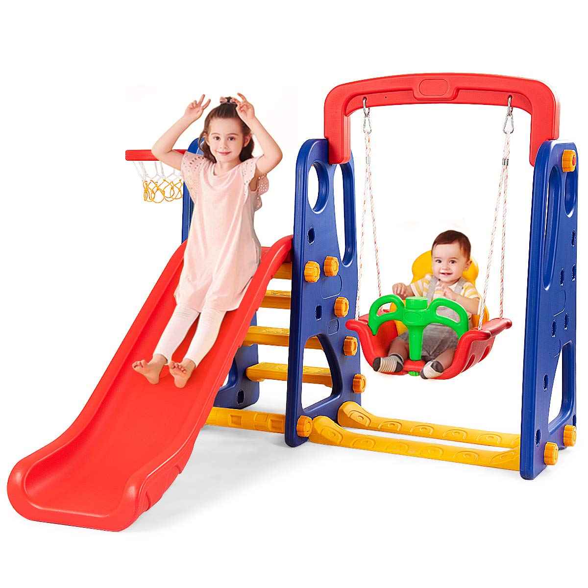 GYMAX Toddler Swing and Slide Set, 4-in-1 Children Climber and Swing Set with Basketball Hoop