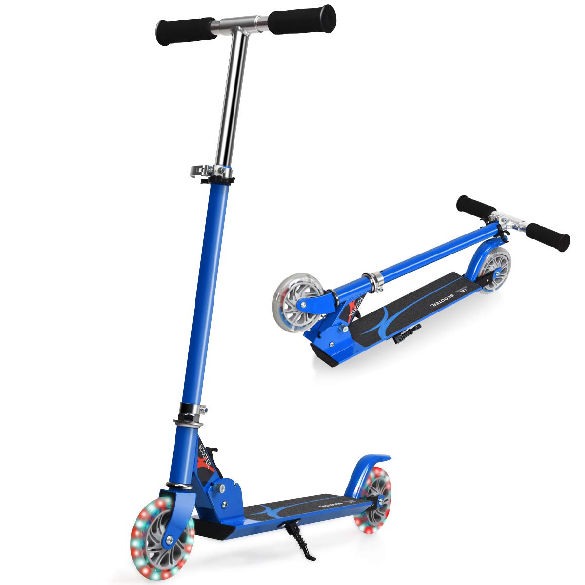 Folding Kick Push Scooter with 2 Flashing Wheels and Adjustable T-bar