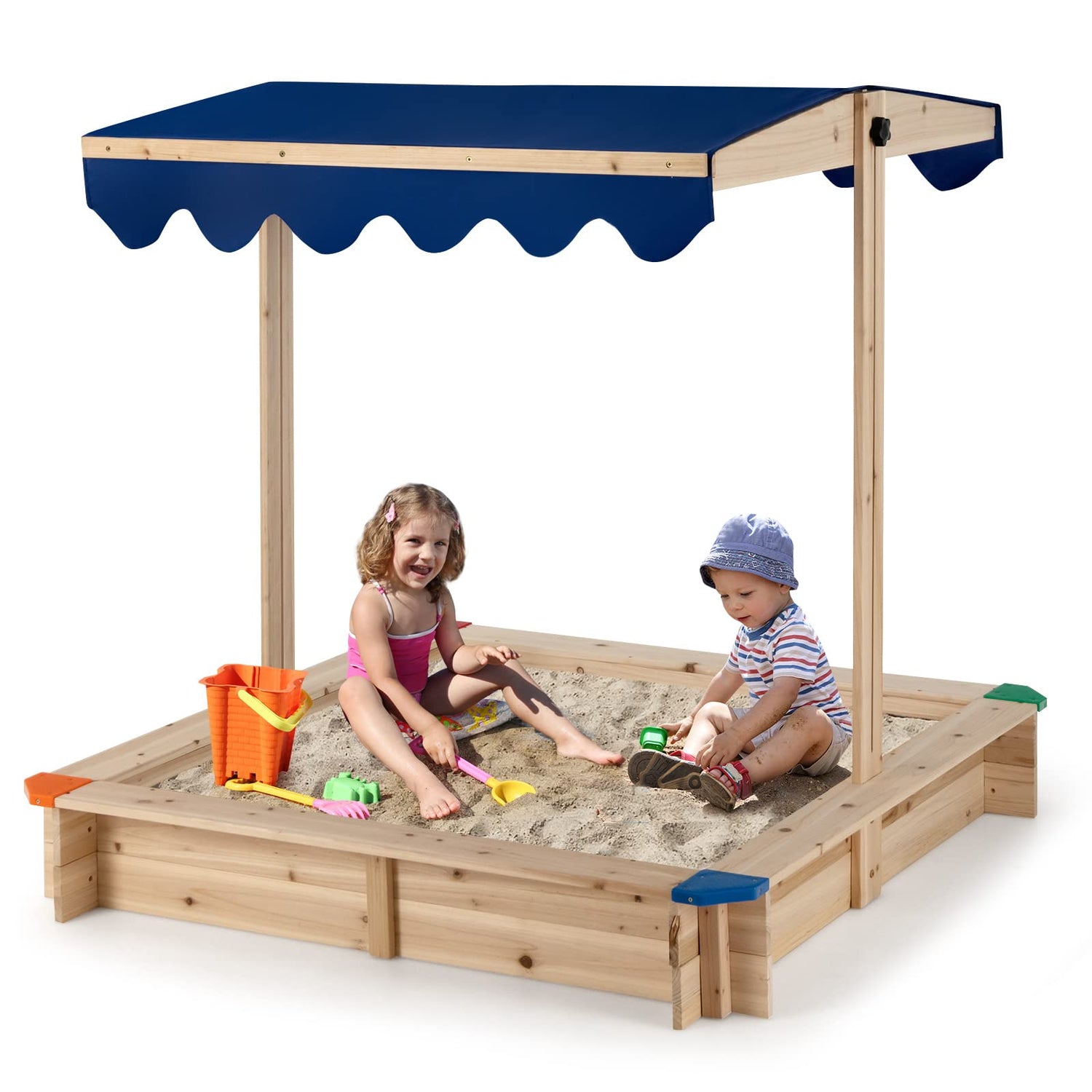 GYMAX Wooden Kids Sandbox, Outdoor Children Sandpit with Adjustable Canopy