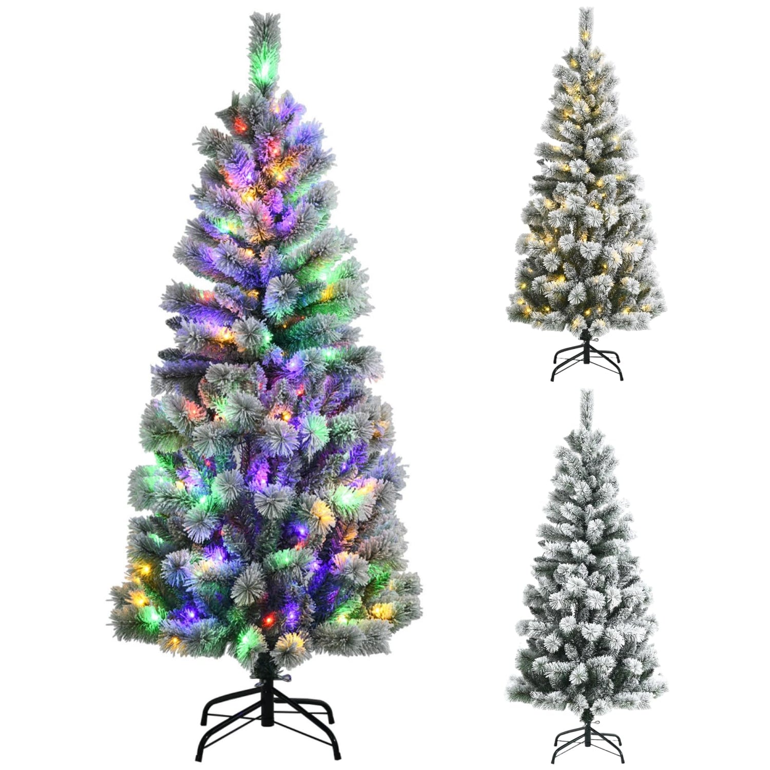 GYMAX Pre-lit Hinged Snow Flocked Christmas Tree with Multi-Color LED Lights