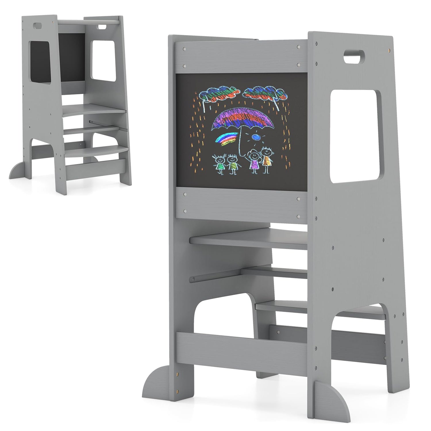 GYMAX Kids Step Stool, Toddler Kitchen Helper Stand Baby Tower with Adjustable Height, Safety Rail & Chalkboard
