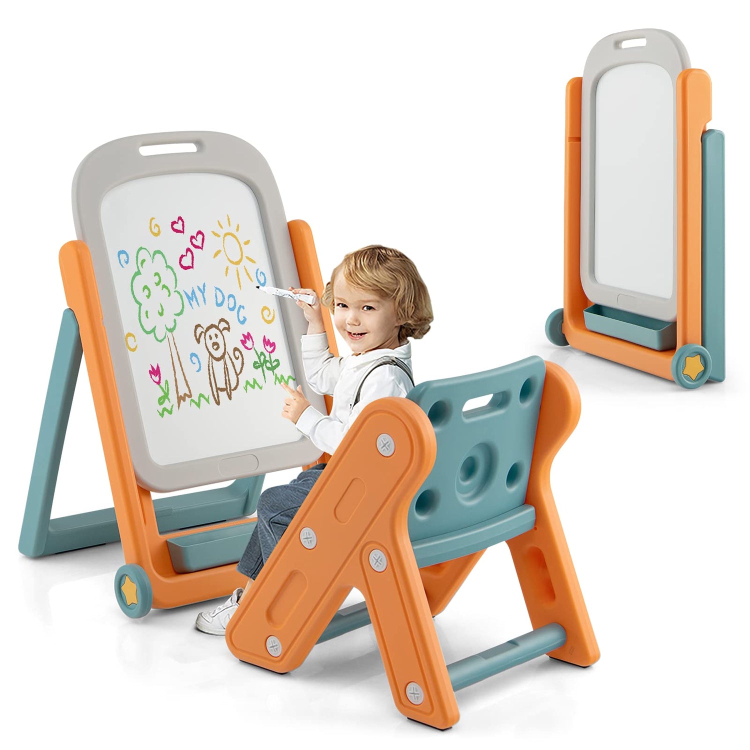 GYMAX Kids Art Easel Height Adjustable Children Easel with Chair