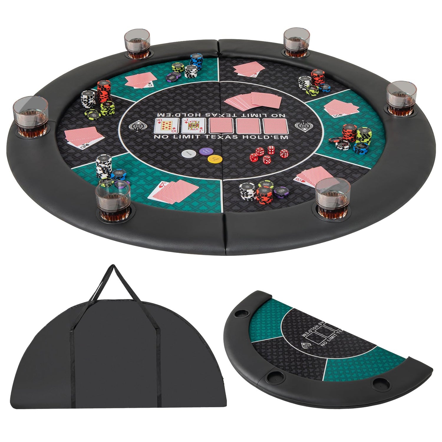GYMAX 1.2M/48 Inches Foldable Poker Table Top, 8-Player Round Texas Hold’em Poker Table Mat Layout