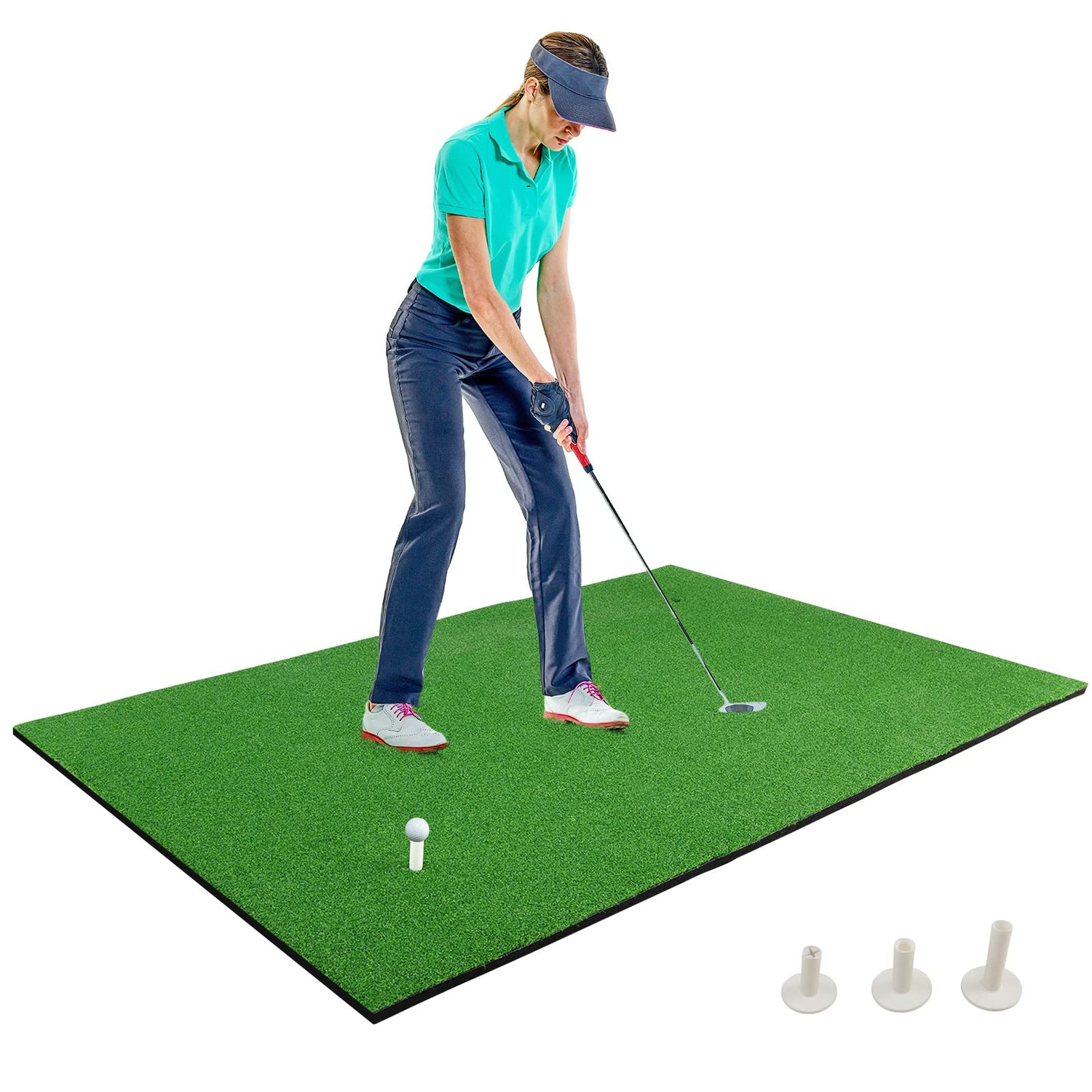 GYMAX 5FT x 3 FT Golf Hitting Mat, Artificial Turf Grass Mat with 3 Rubber Golf Tees
