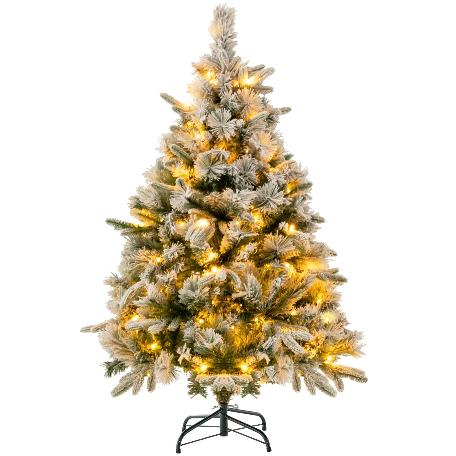 GYMAX Pre-Lit Snow-flocked Christmas Tree with Warm-White LED Lights