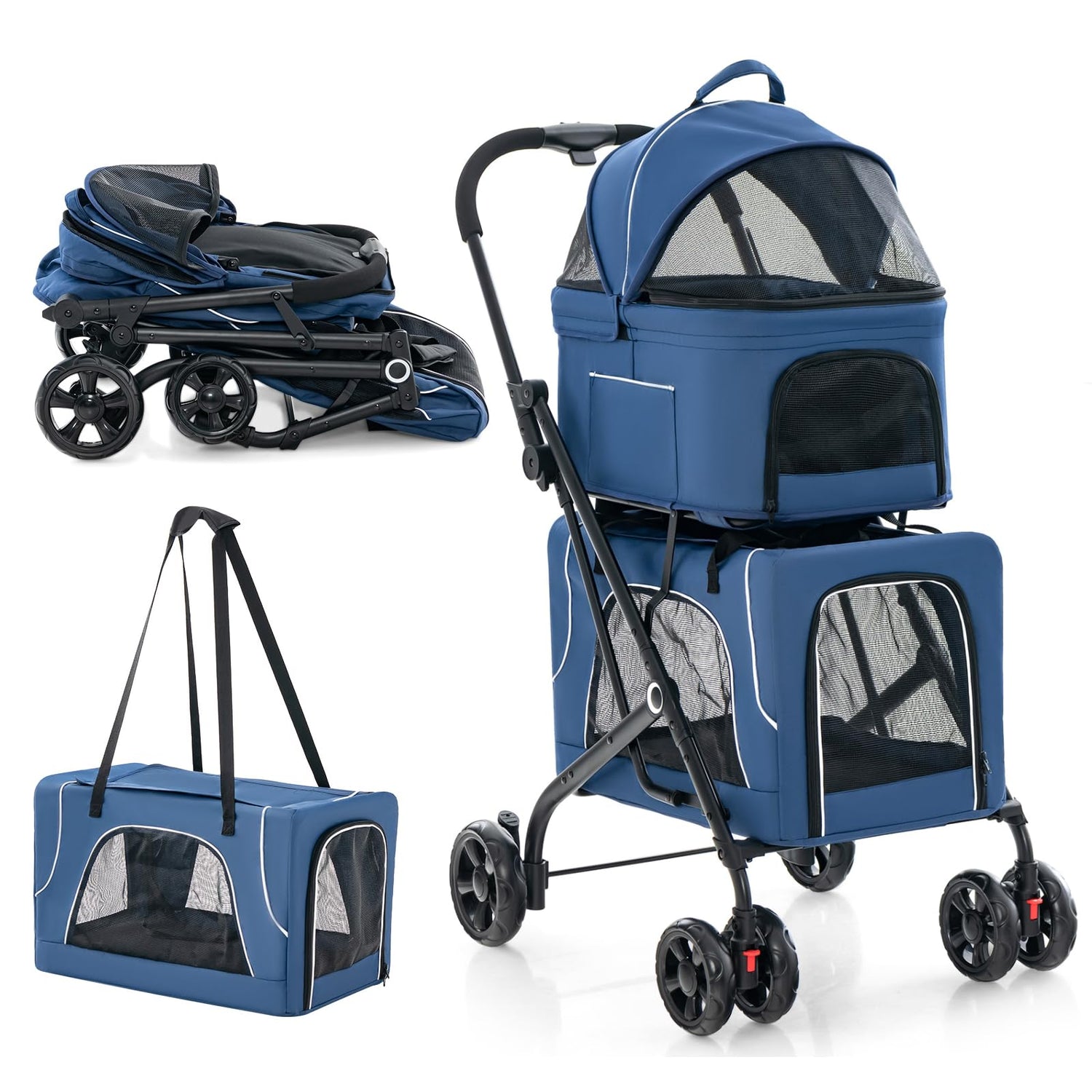 GYMAX Pet Stroller, 3 in 1 Foldable Dog Pushchair Puppy Travel Pram with 2 Removable Carriers