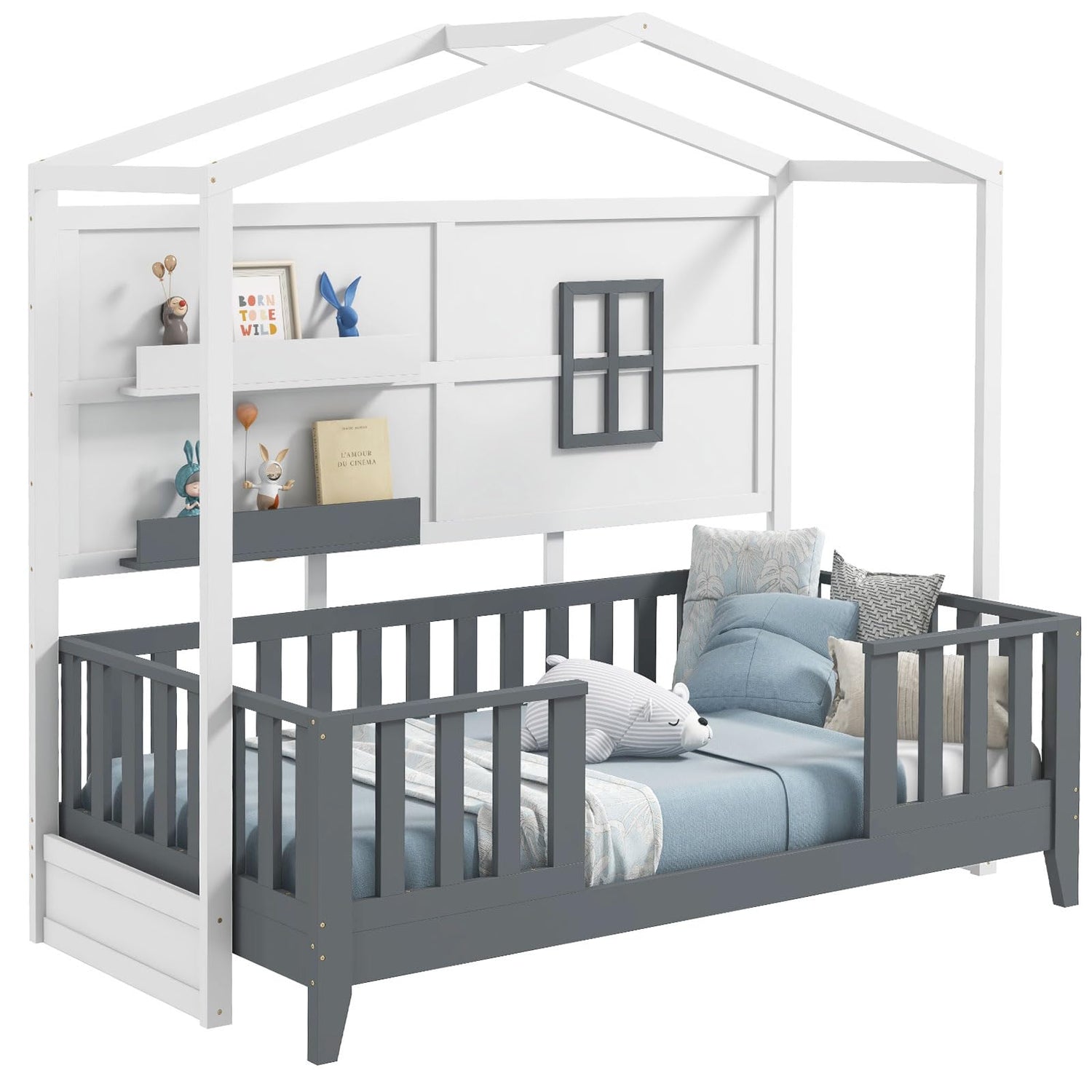 GYMAX Wooden Kids Bed Frame with 2 Shelves and Guardrails