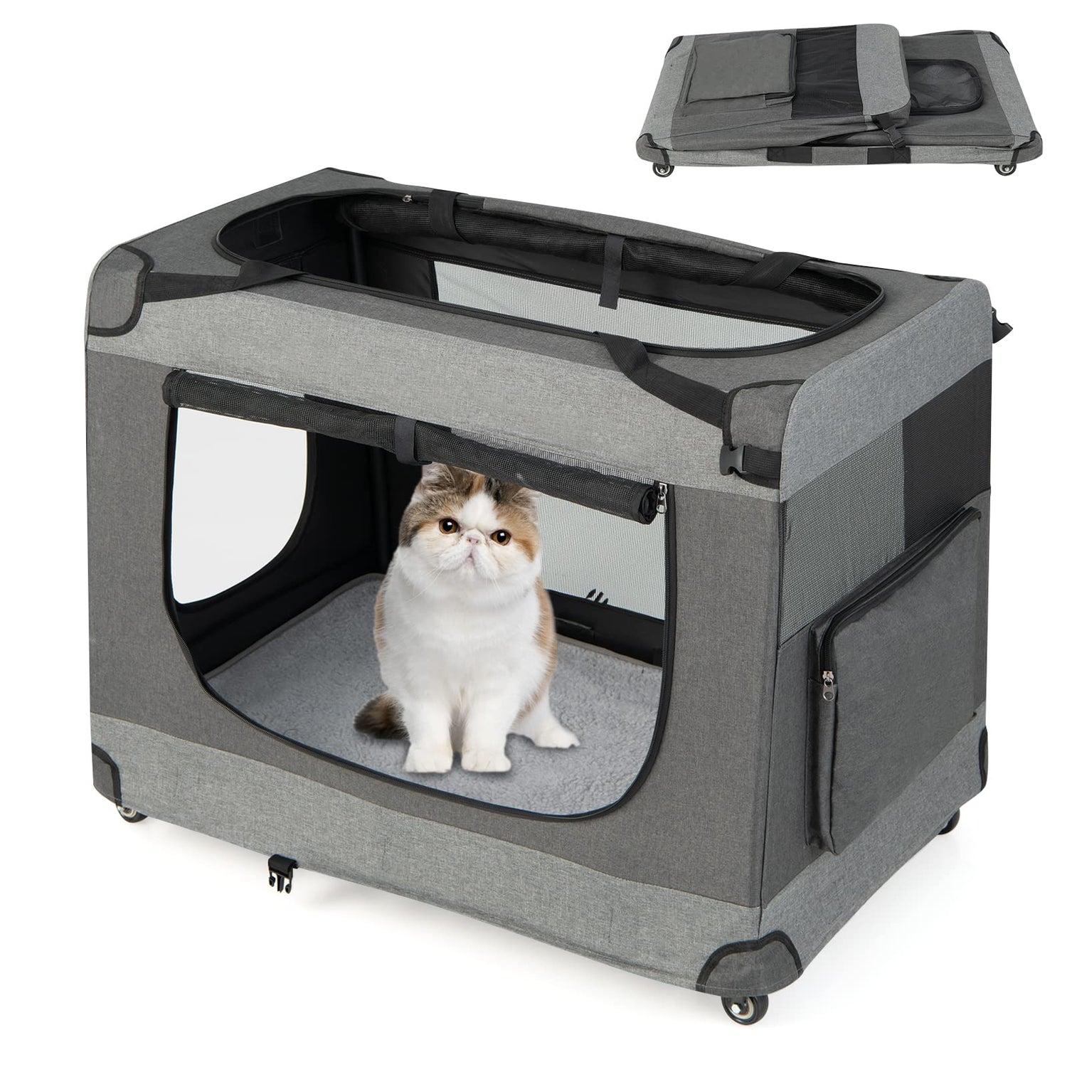 Foldable Large Portable 3-Door Pet Travel Bag with Wheels