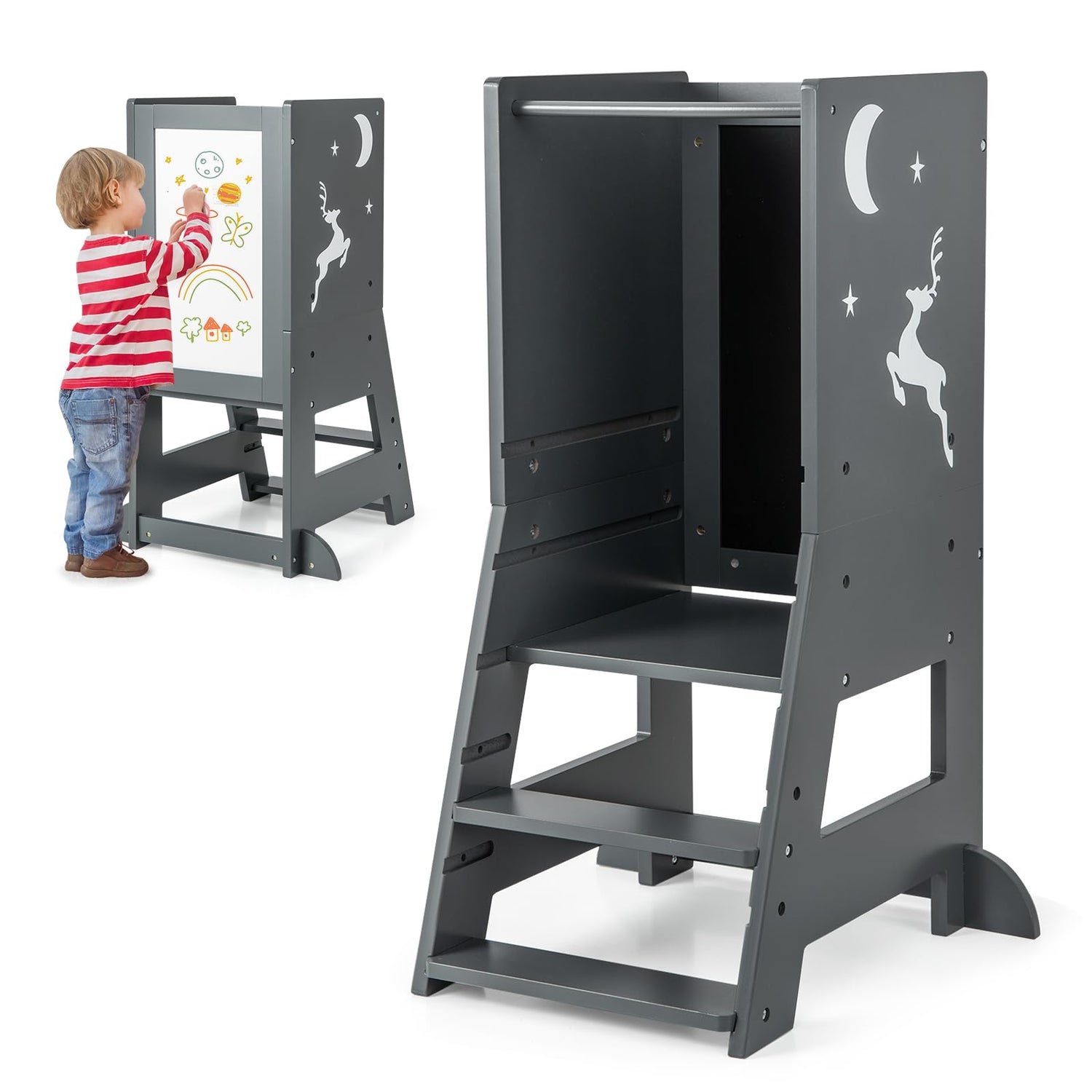 GYMAX Kids Step Stool, Wooden Kitchen Toddler Helper Stand with Adjustable Height