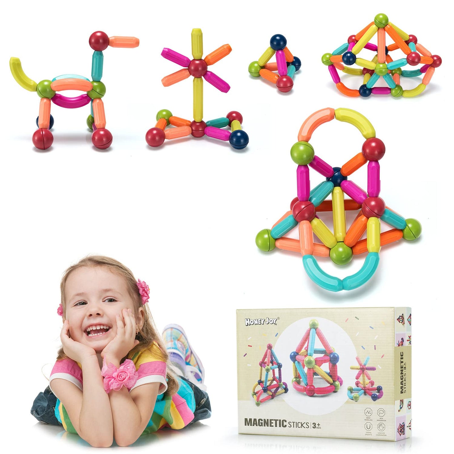 GYMAX Magnetic Balls and Rods Set, 88 PCs Magnet Building Sticks Set, Educational Construction Toys for 3+ Years Old