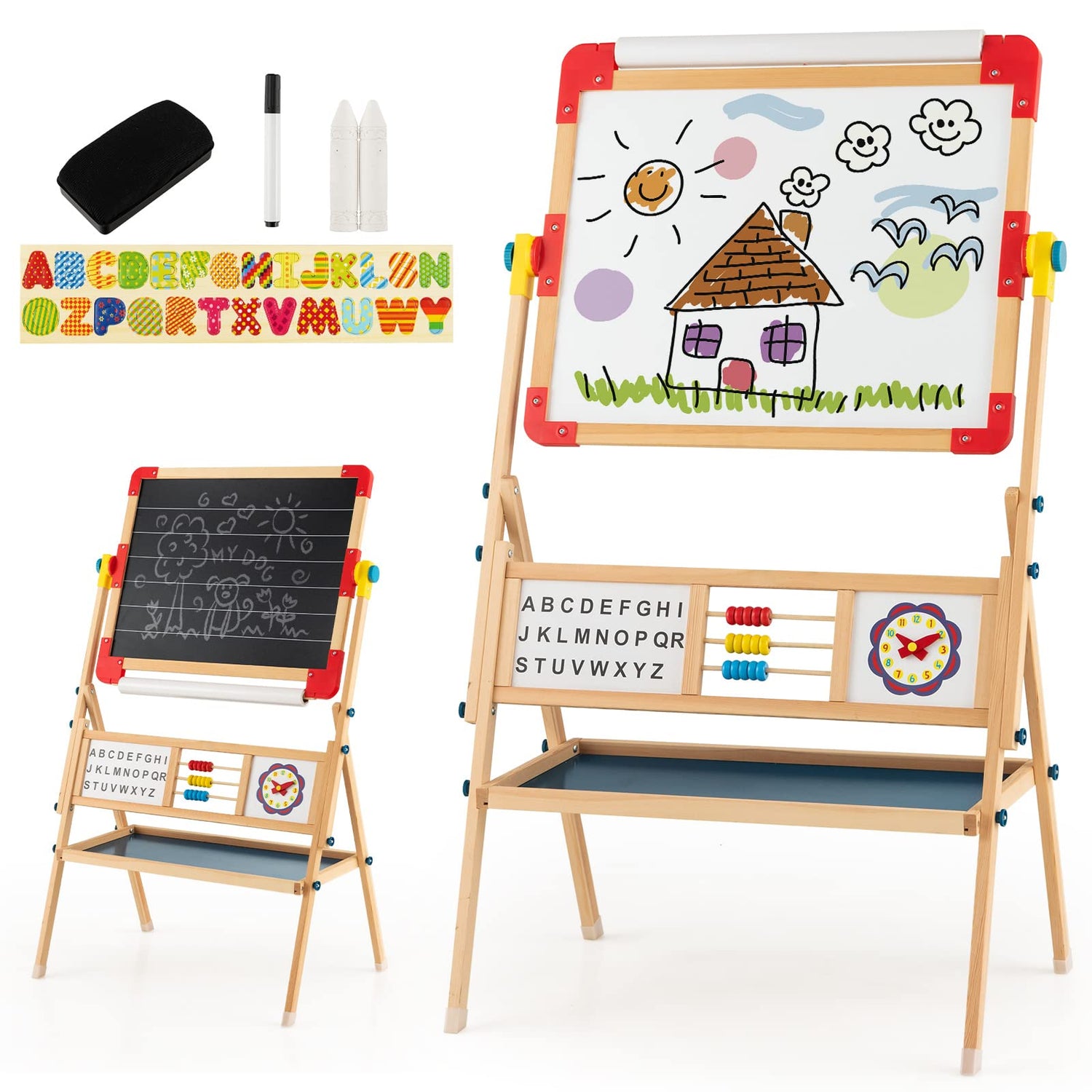 GYMAX Wooden Kids Easel, Double Sided Whiteboard & Chalkboard Easel