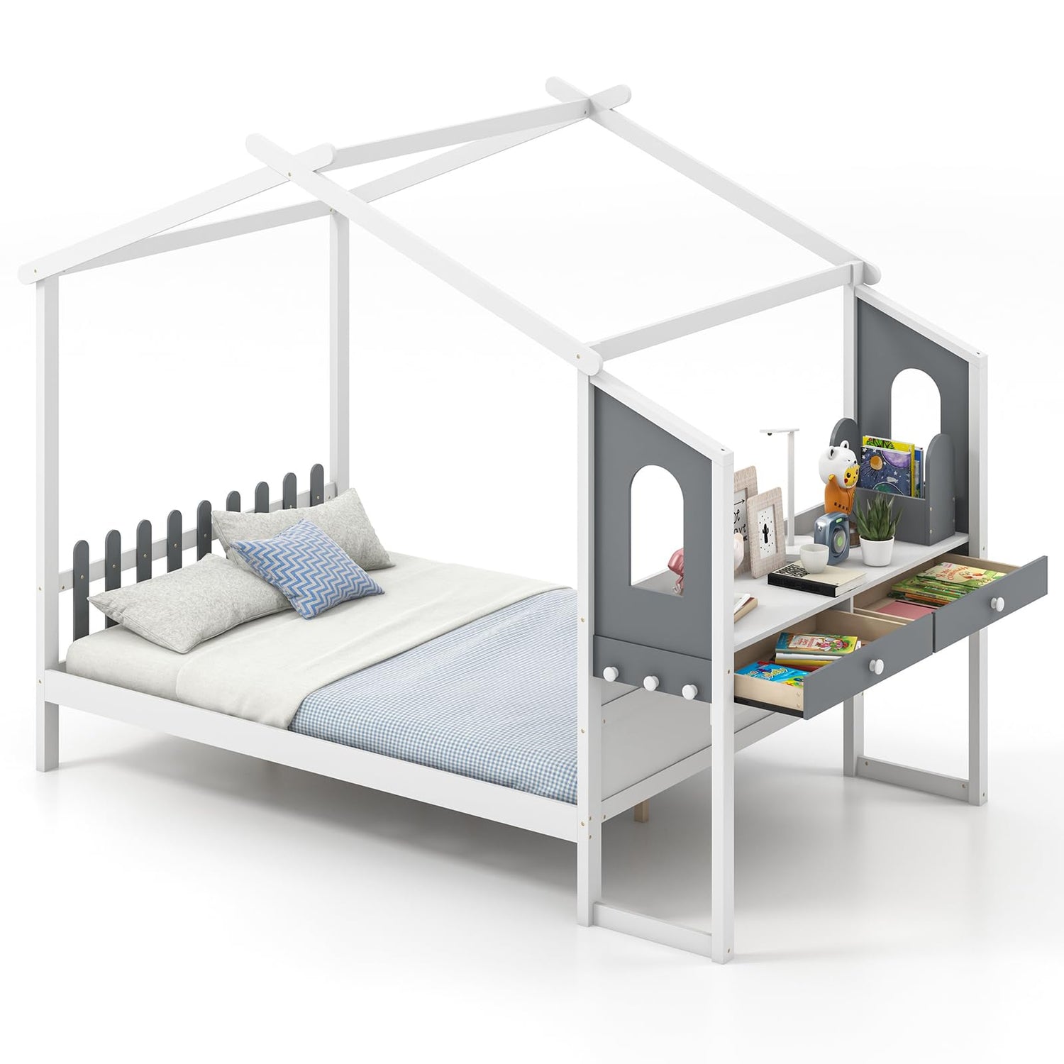 GYMAX Toddler House Floor Bed with Study Desk