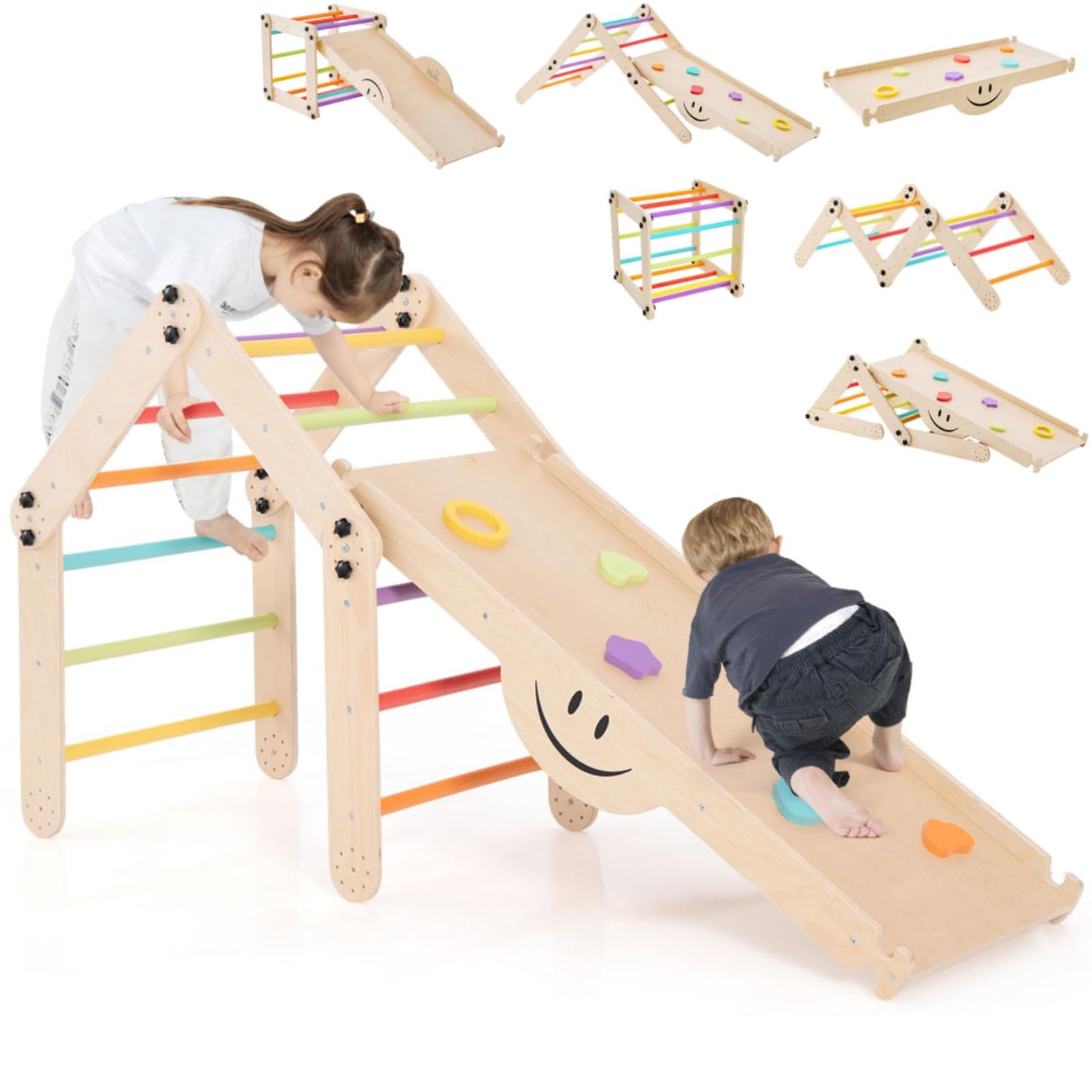 GYMAX 10 in 1 Kids Climbing Set, Foldable Wooden Toddler Climber