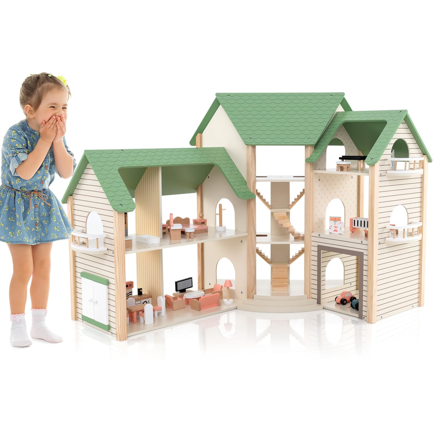 GYMAX Kids Dollhouse, 3-Storey Wooden Dolls House with 6 Simulated Rooms