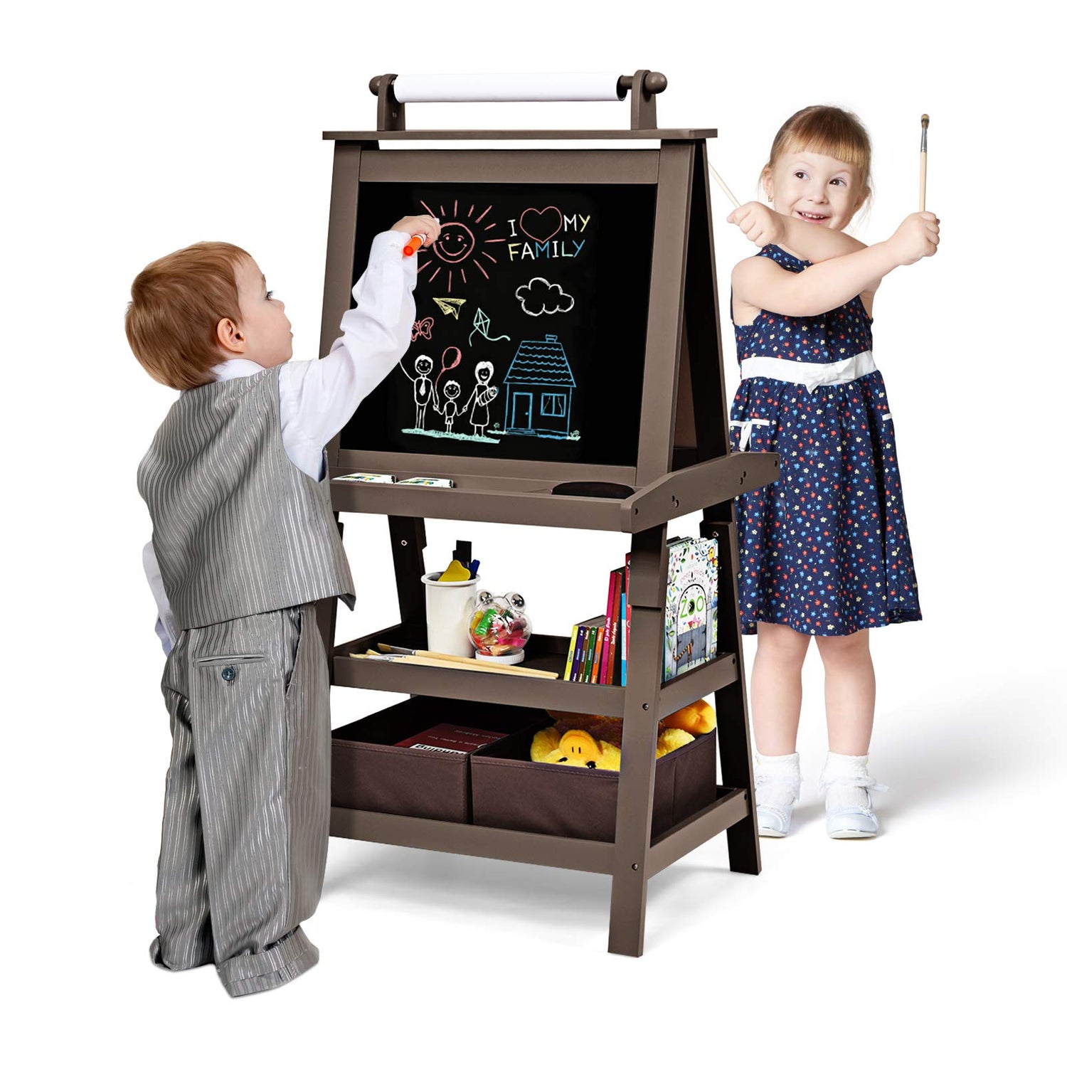 GYMAX Wooden Kids Easel, Double Sided Whiteboard & Chalkboard Painting Easel with Paper Roll