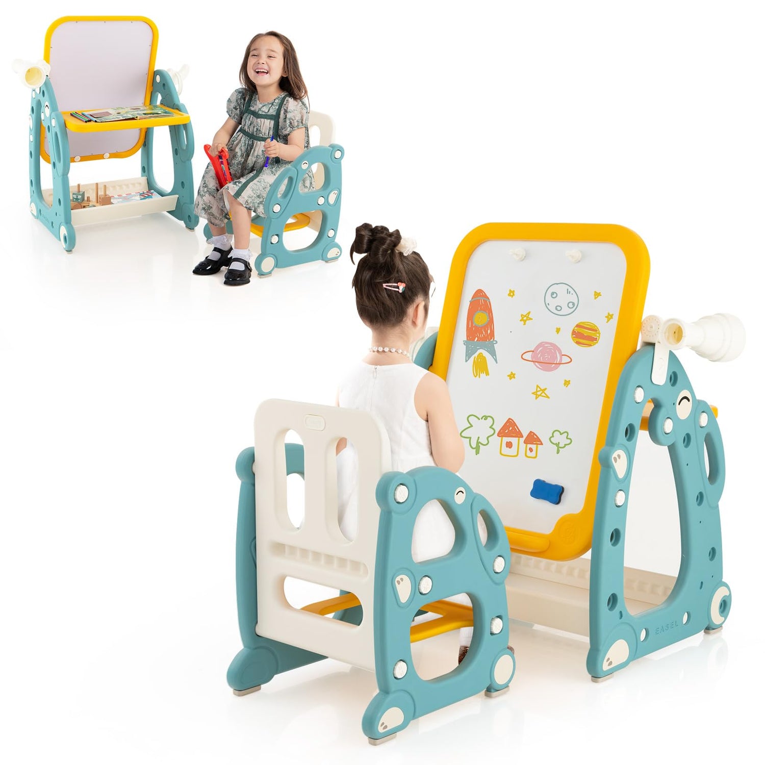 GYMAX 4 in 1 Kids Easel, Toddler Table and Chair Set with 3-Level Adjustable Whiteboard