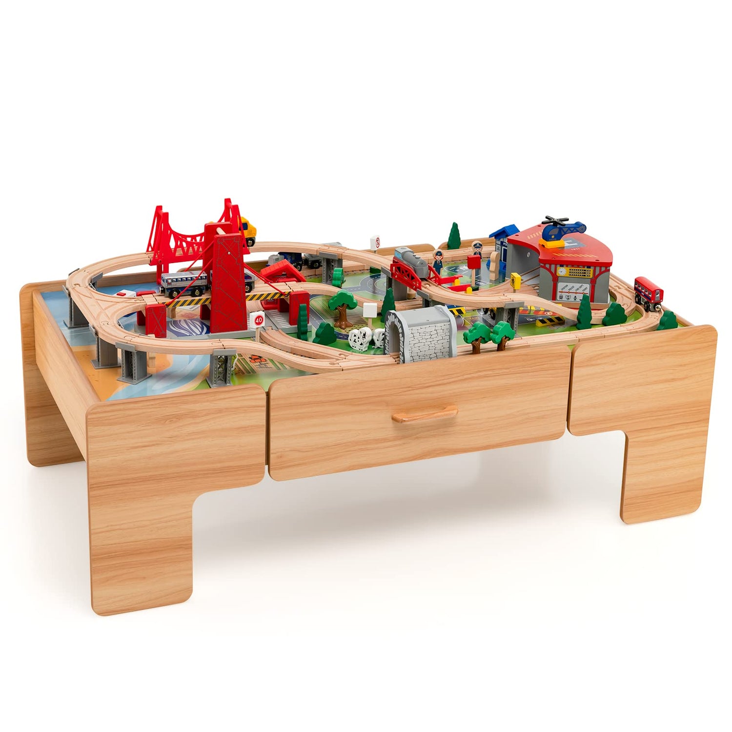 GYMAX 2 in 1 Kids Wooden Train Track Set and Table