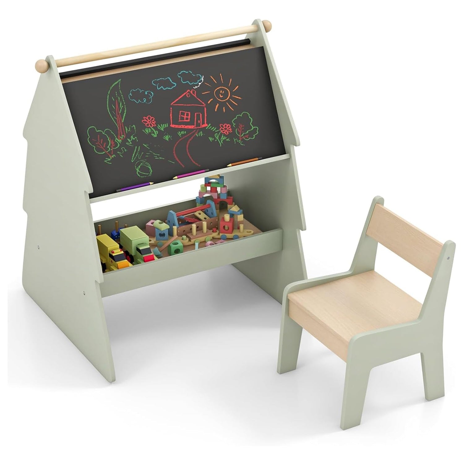 GYMAX 2-in-1 Kids Art Easel, Toddler Wooden Painting Drawing Easel with Chair