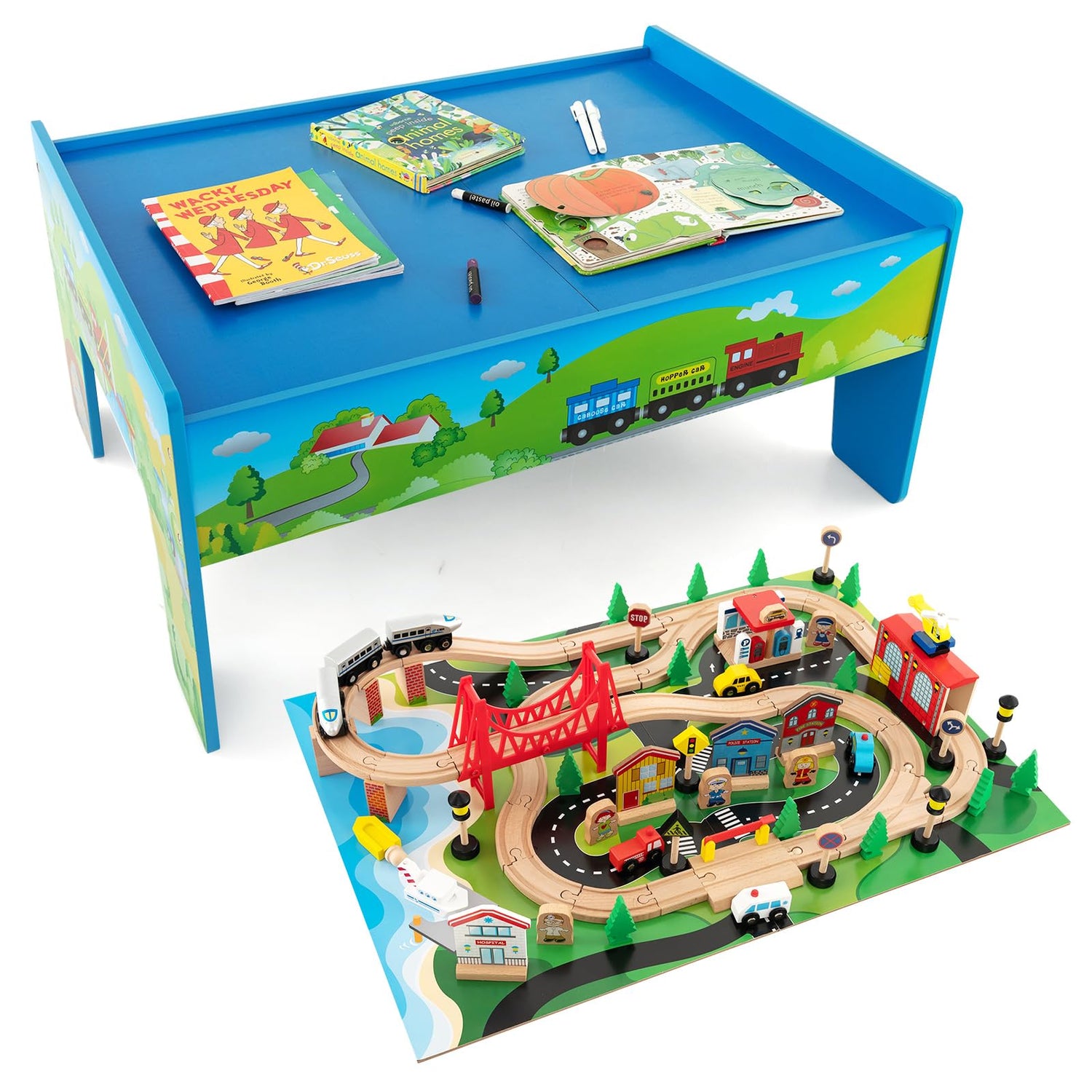 GYMAX Children Train Track Set, Kids Train Play Table with Abundant Accessories (80PCS, 83 x 60 x 40 cm)