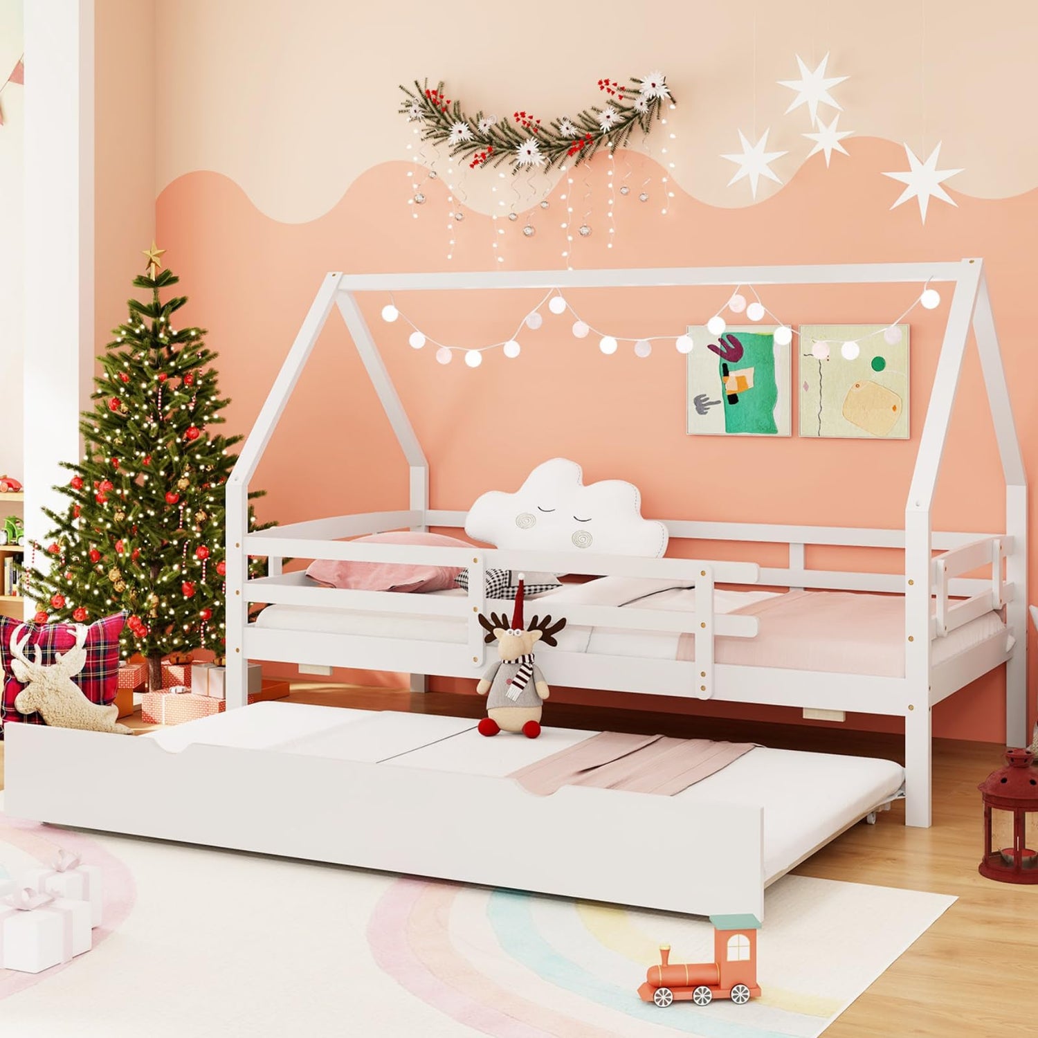 GYMAX Wooden Kids Bed Frame with Trundle