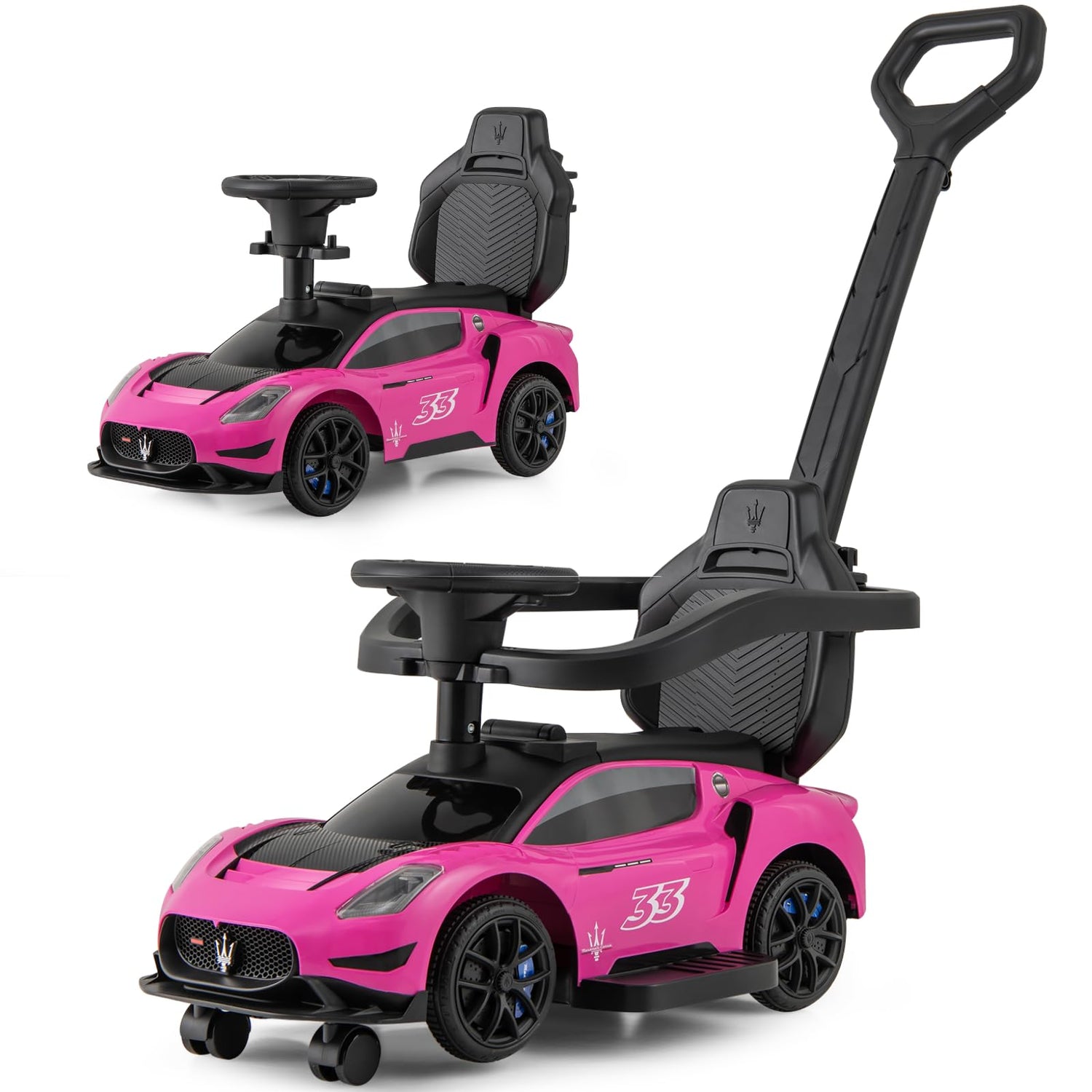 GYMAX 3 in 1 Kids Ride on Push Car, Licensed Maserati Push Along Car with Handle, Guardrail, 2 Universal Wheels