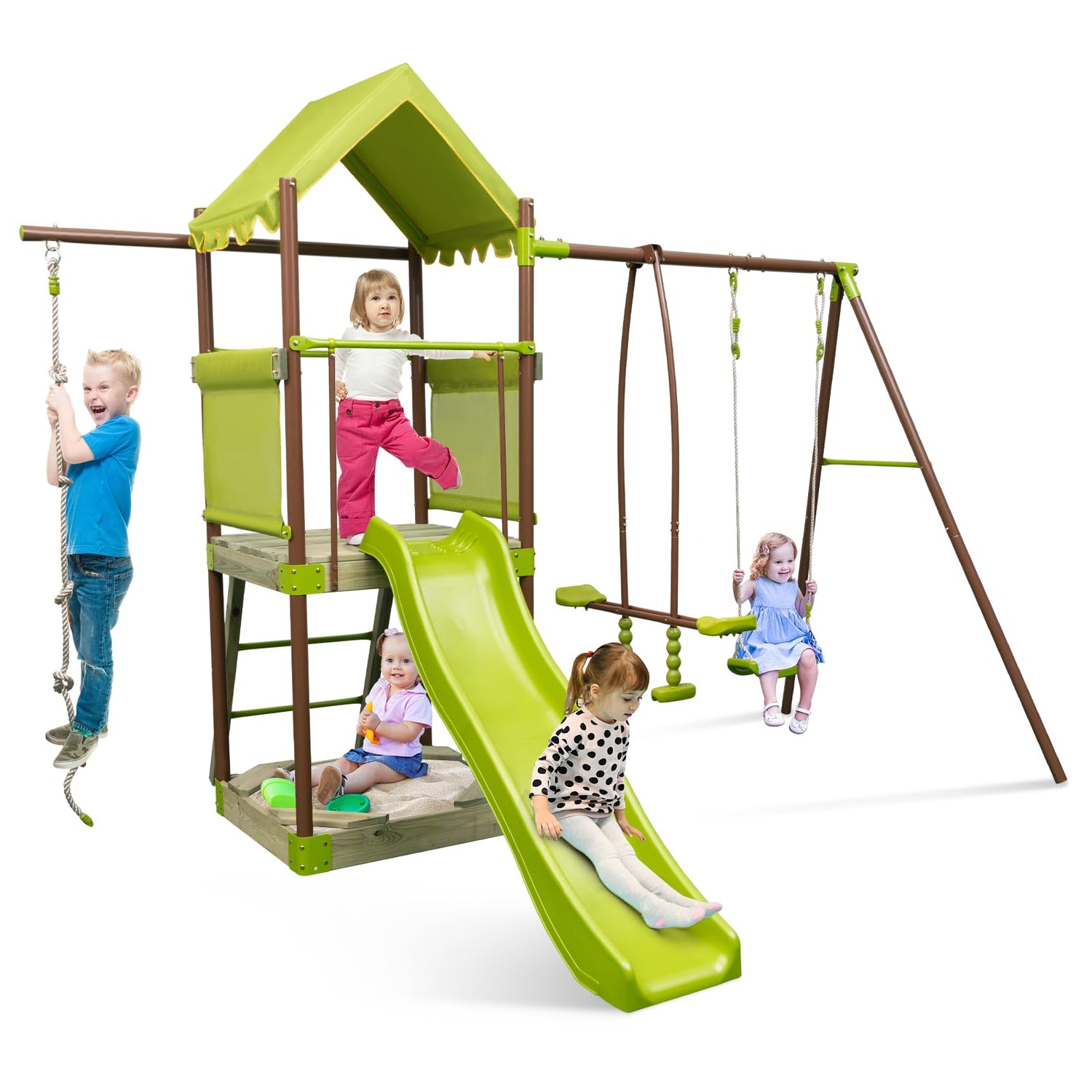 GYMAX 7 in 1 Kids Swing Set with Covered Fort