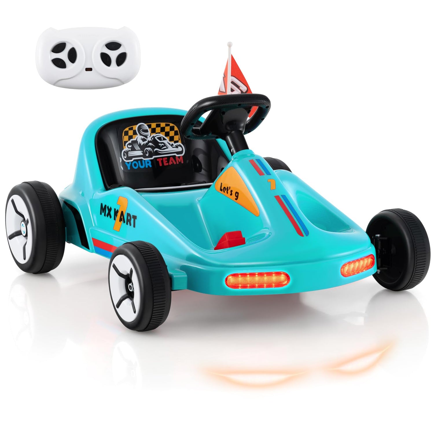 GYMAX 12V Electric Go Kart, Kids Battery Powered Car with Remote Control, Music, Story, Flags