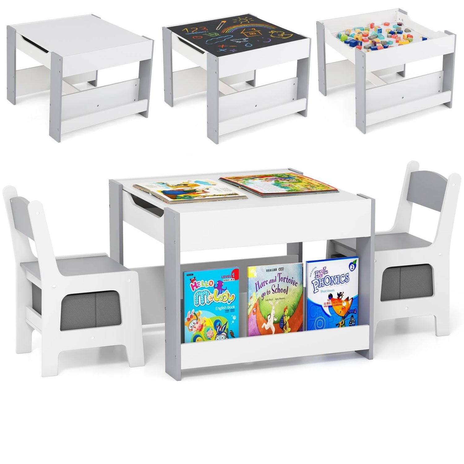 GYMAX 4 in 1 Wooden Children Activity Desk with 2 Chairs