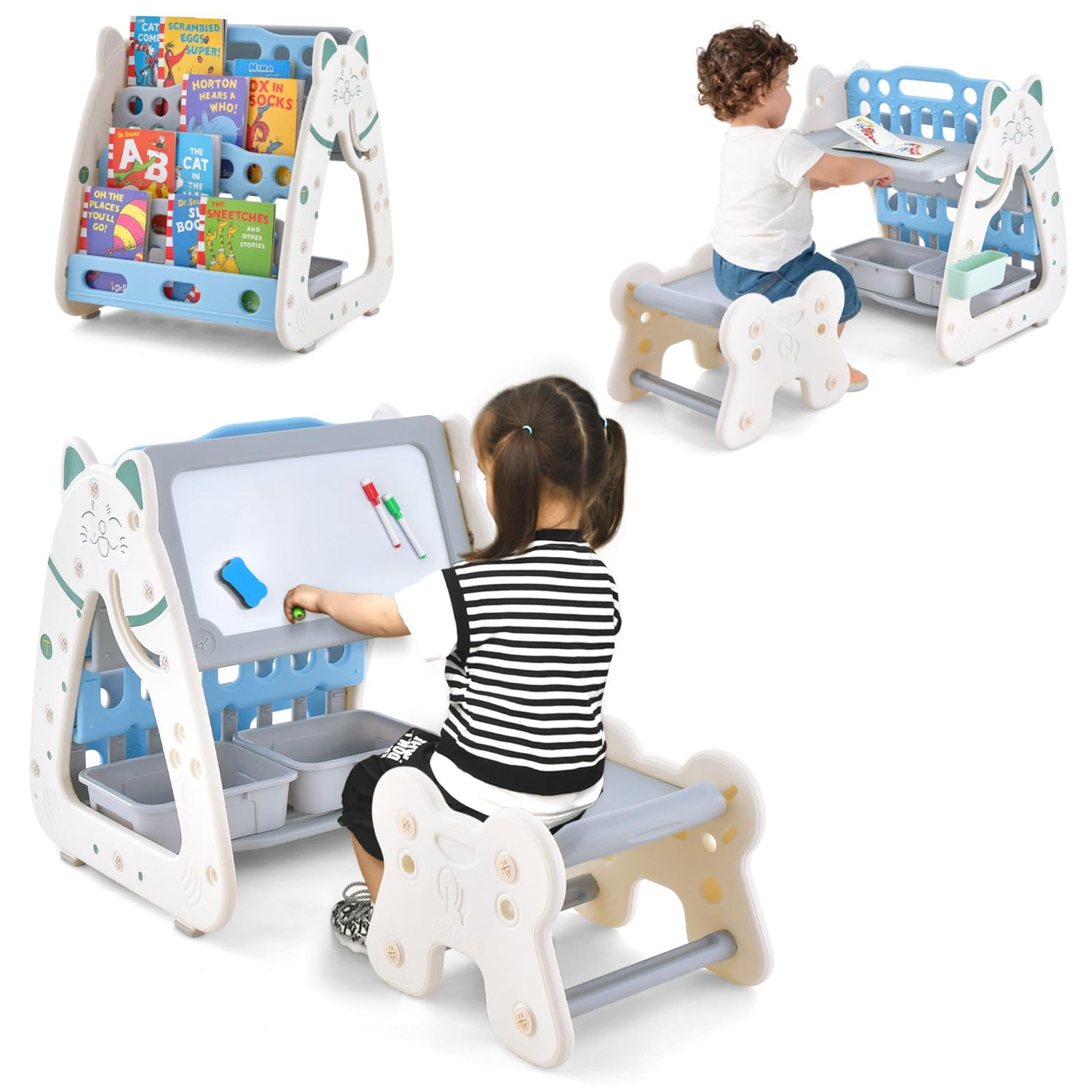 GYMAX 3 in 1 Kids Art Easel, Height Adjustable Toddler Drawing Easel with 4-Tier Bookshelf