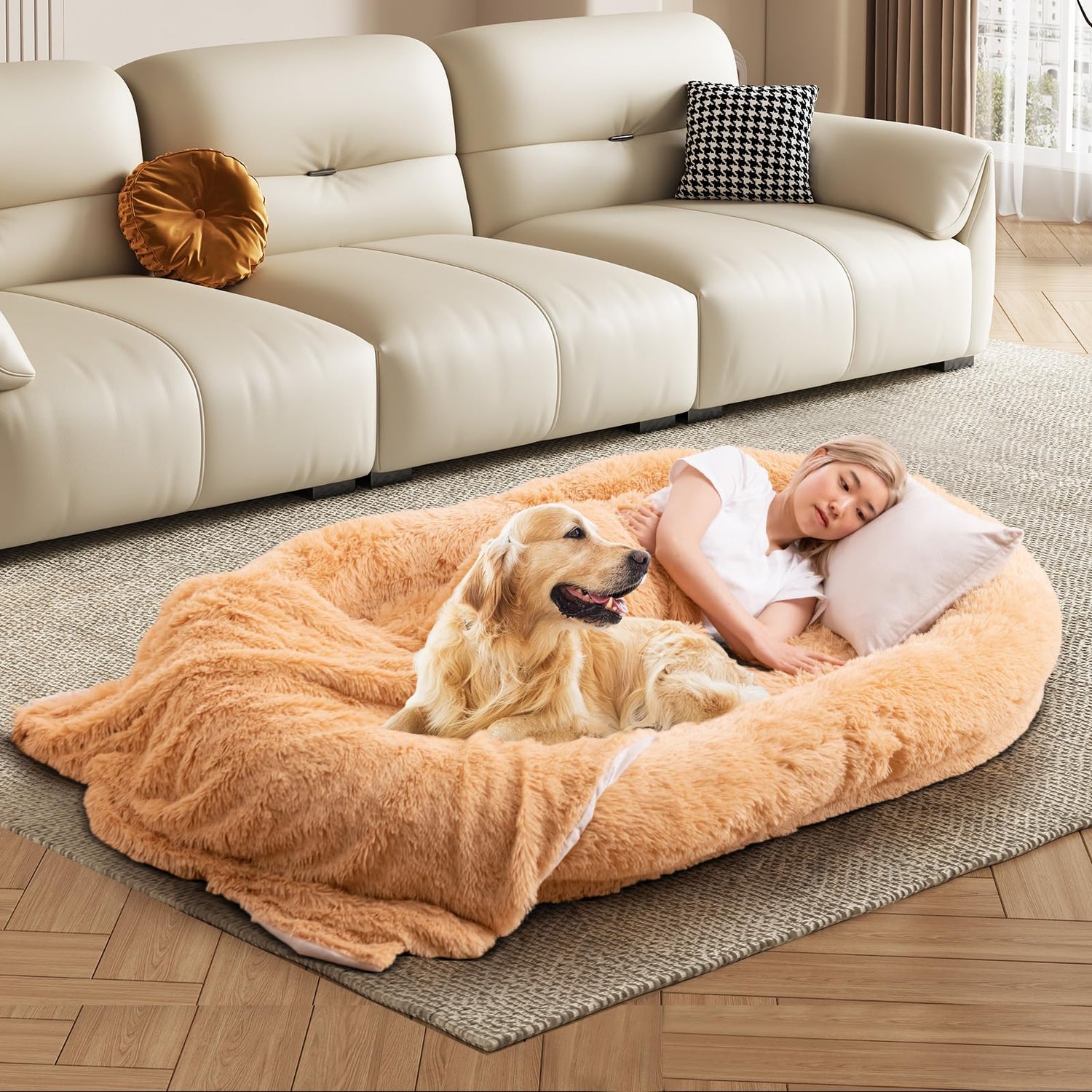 GYMAX Human Dog Bed for Adult, Large Human Sized Dog Bed with Washable Fluffy Faux Fur Cover