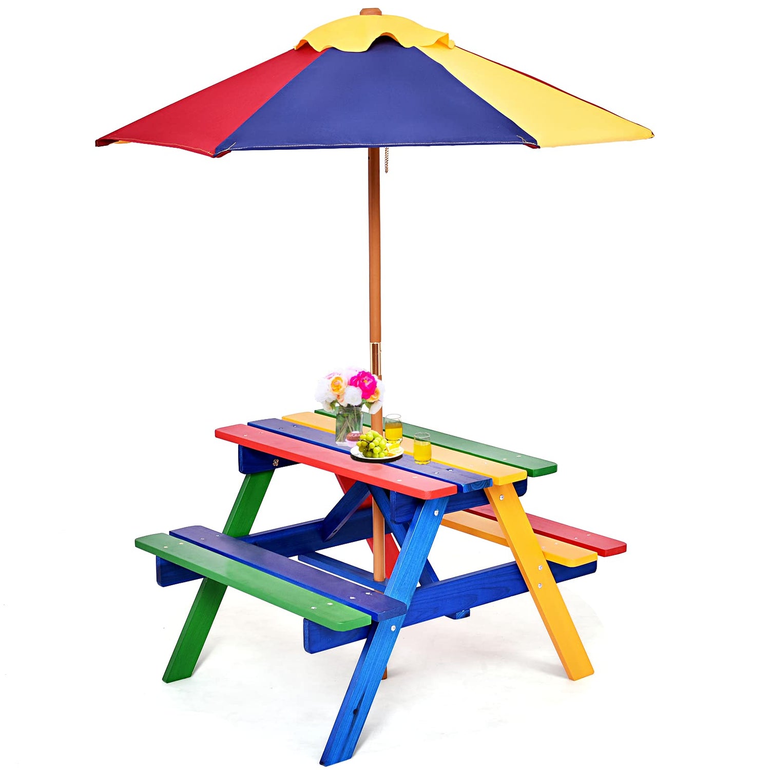 GYMAX Wooden Children Garden Table and Bench Set with Removable Umbrella